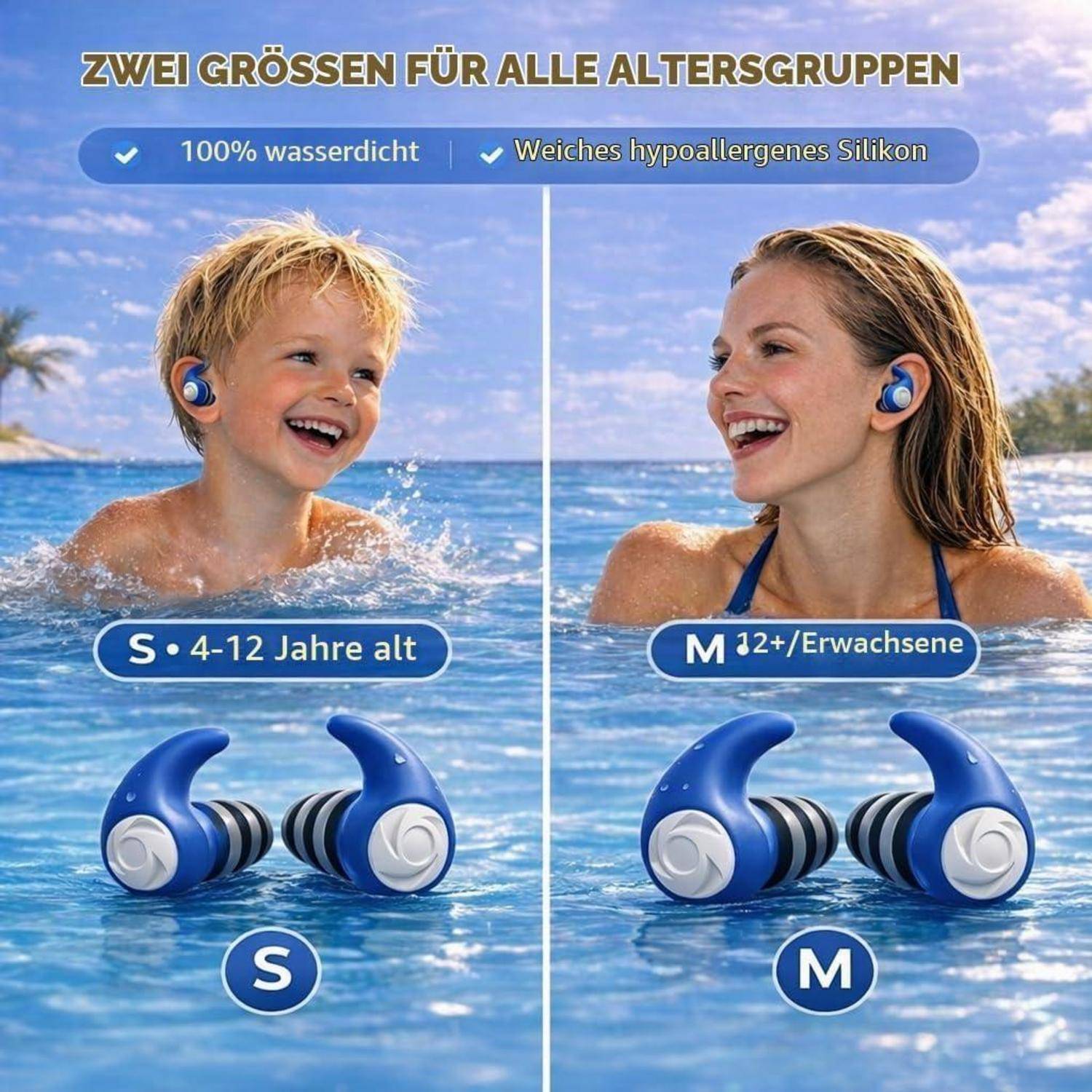Werbegrafikvergleich zweier wasserdichter Silikon-Ohrstöpsel-Größen: S für Alter 4-12 und M für Alter 12+/Erwachsene, gezeigt getragen von einem Kind und einer Frau im Wasser.