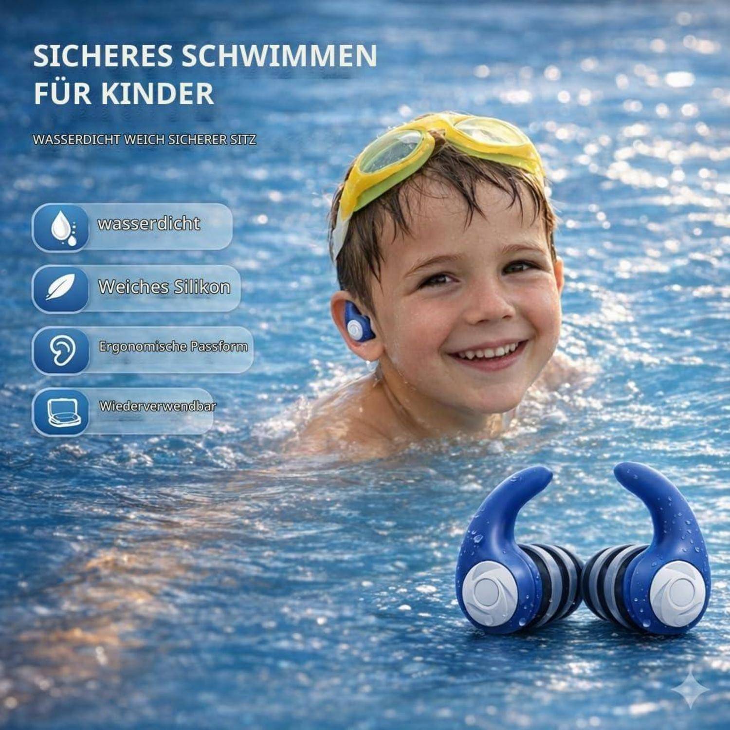 Werbebild eines lächelnden Kindes in einem Schwimmbad, das blaue Schwimm-Ohrstöpsel und gelbe Schwimmbrille trägt, mit deutschem Text „Sicheres Schwimmen für Kinder