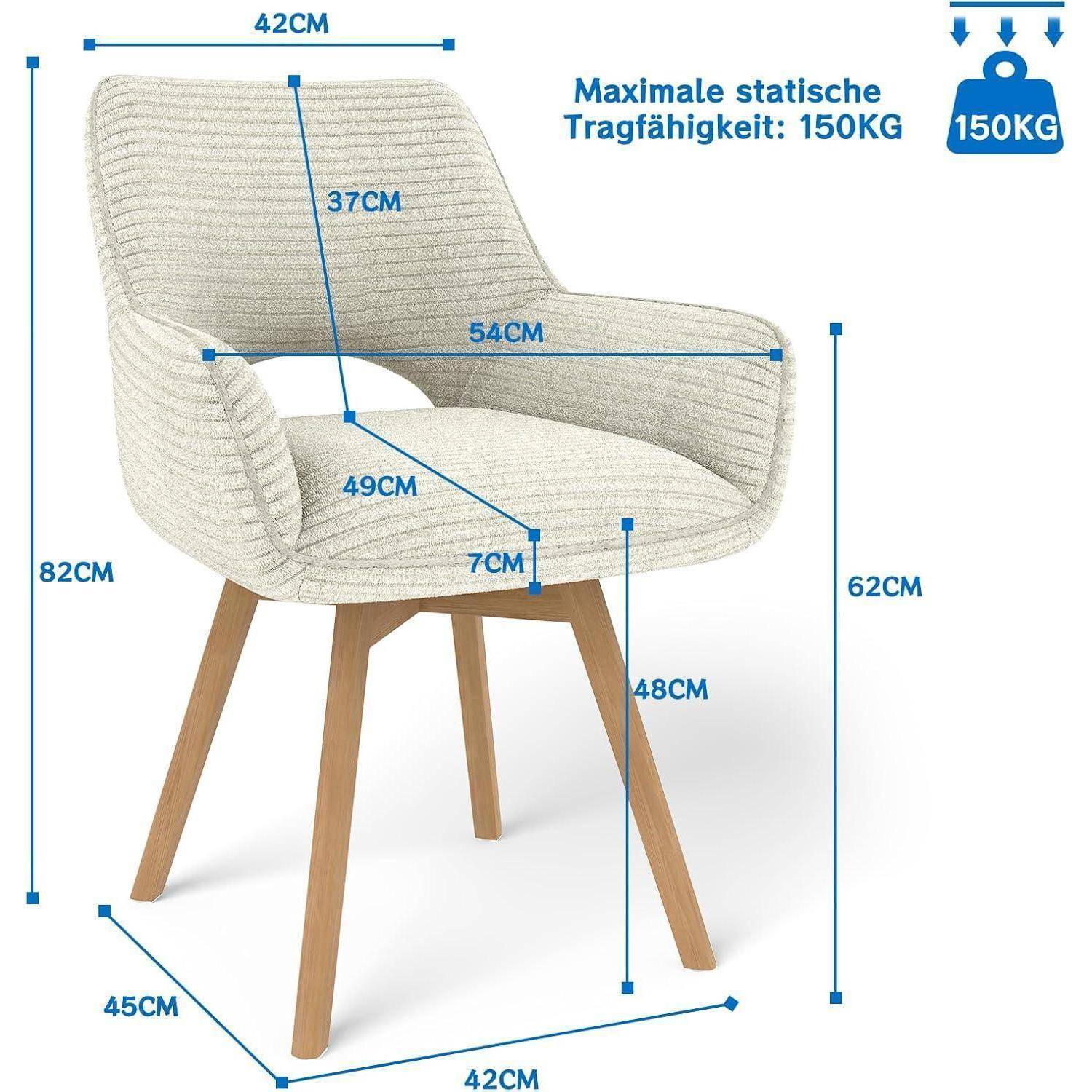 Diagramm eines beige gepolsterten Stuhls mit Holzbeinen, das Abmessungen und maximale statische Belastung von 150 kg zeigt.