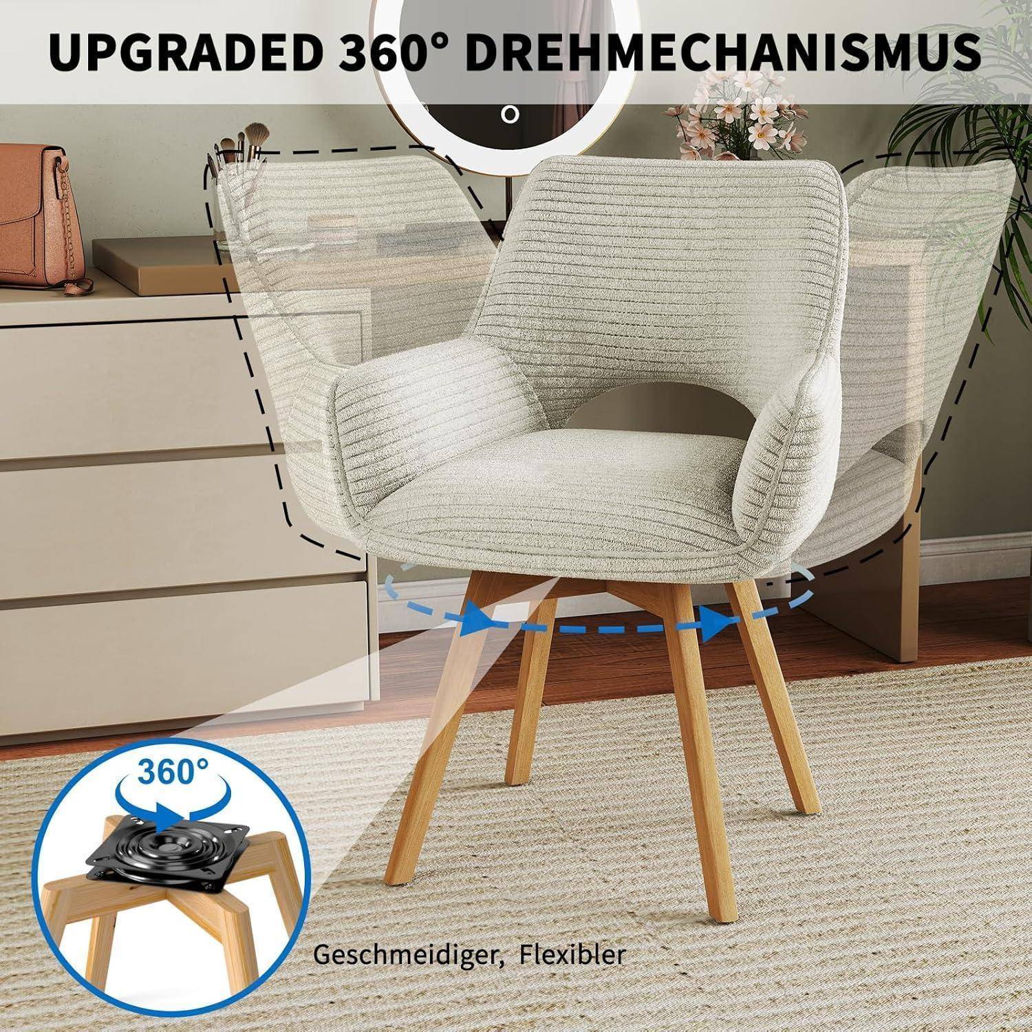 Ein beige gepolsterter Stuhl mit Holzbeinen wird um 360 Grad rotierend gezeigt, hervorgehoben als verbesserter '360° Drehmechanismus' mit dem Text 'Geschmeidiger, Flexibler'.