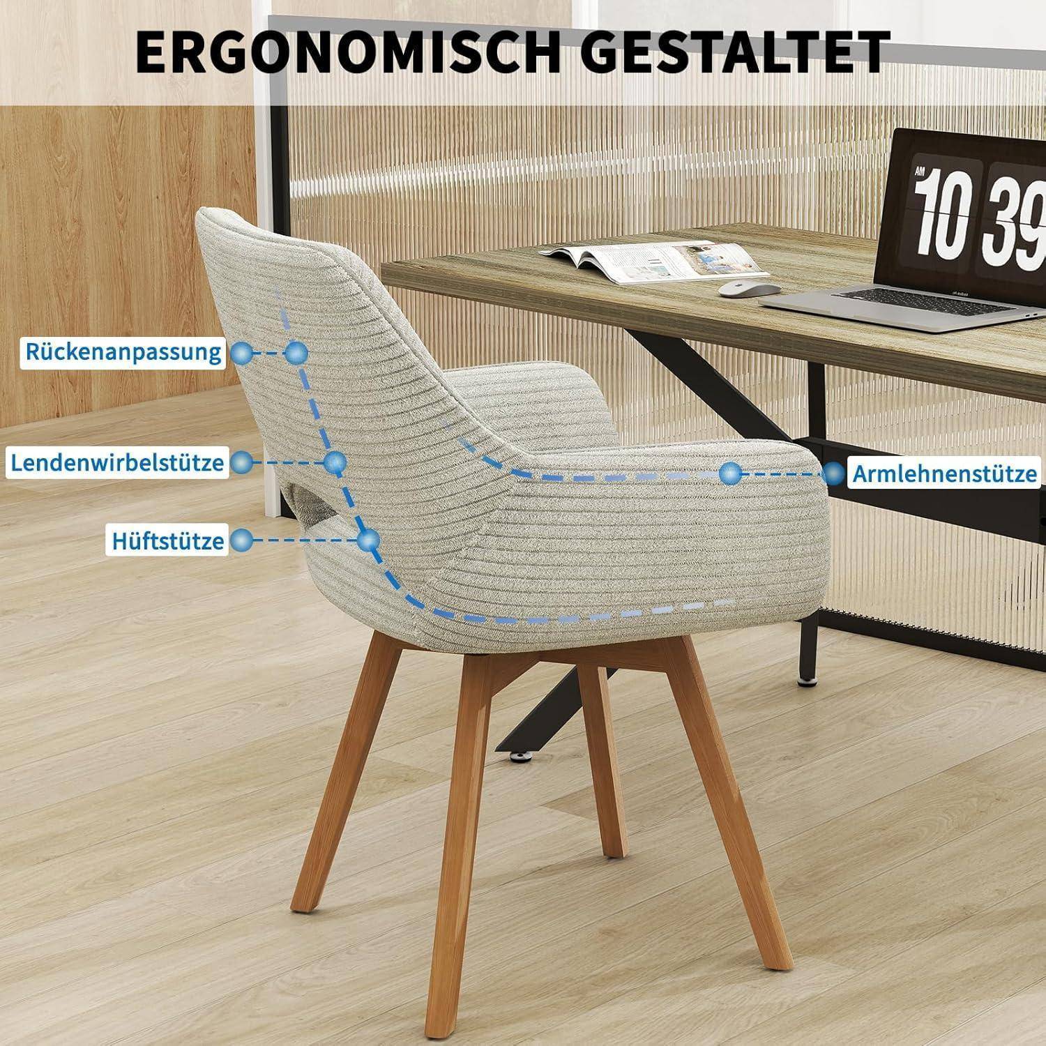 Ergonomischer Stuhl in einem modernen Büro mit Beschriftungen für Rückenunterstützung, Lendenwirbelstütze, Hüftunterstützung und Armlehnenstütze unter der Überschrift „ERGONOMISCH GESTALTET