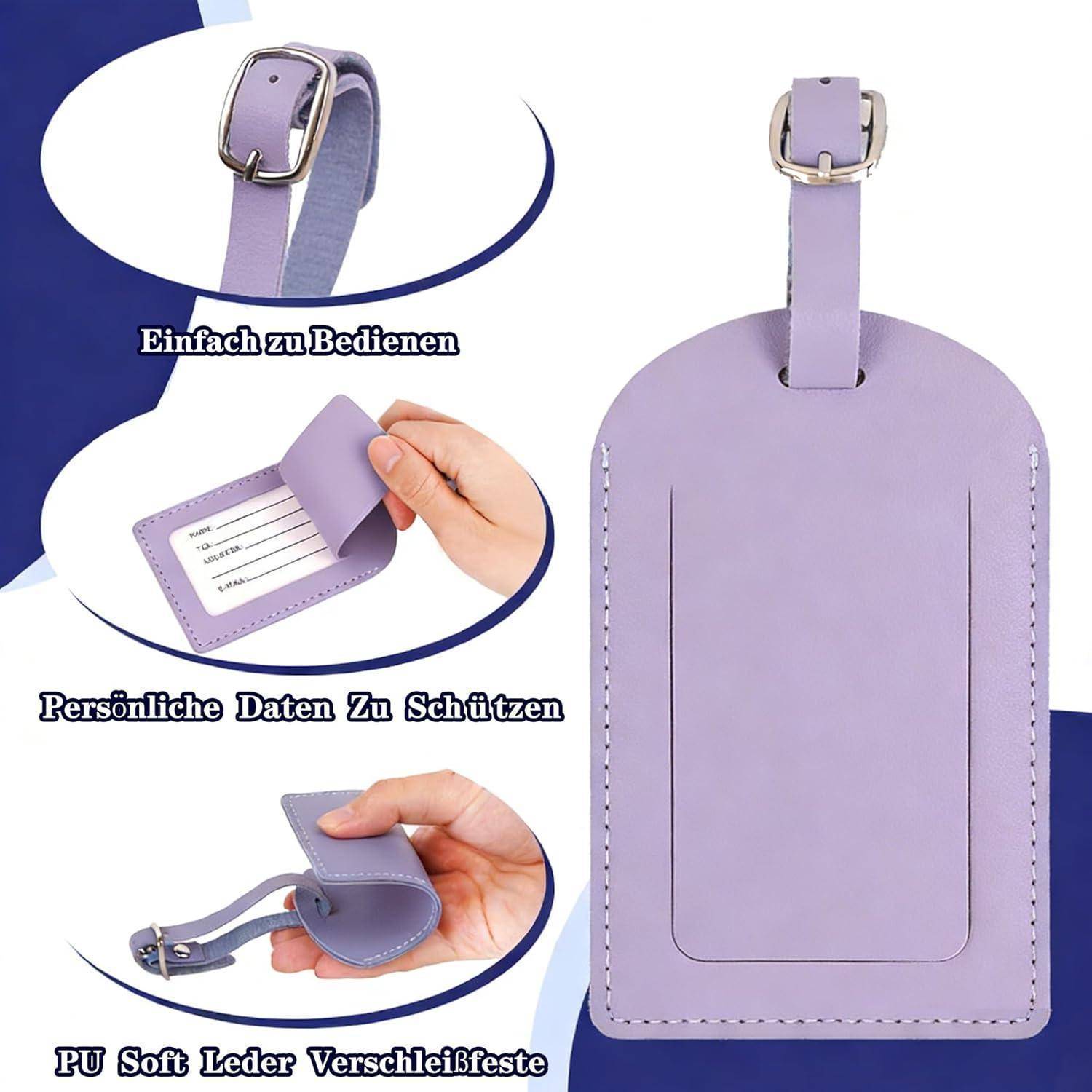 Lavendelfarben Gepäckanhänger mit Schnallengurt und Kartentasche, gezeigt mit deutschen Beschriftungen, die einfache Handhabung, Datenschutz und strapazierfähiges PU-Leder hervorheben.