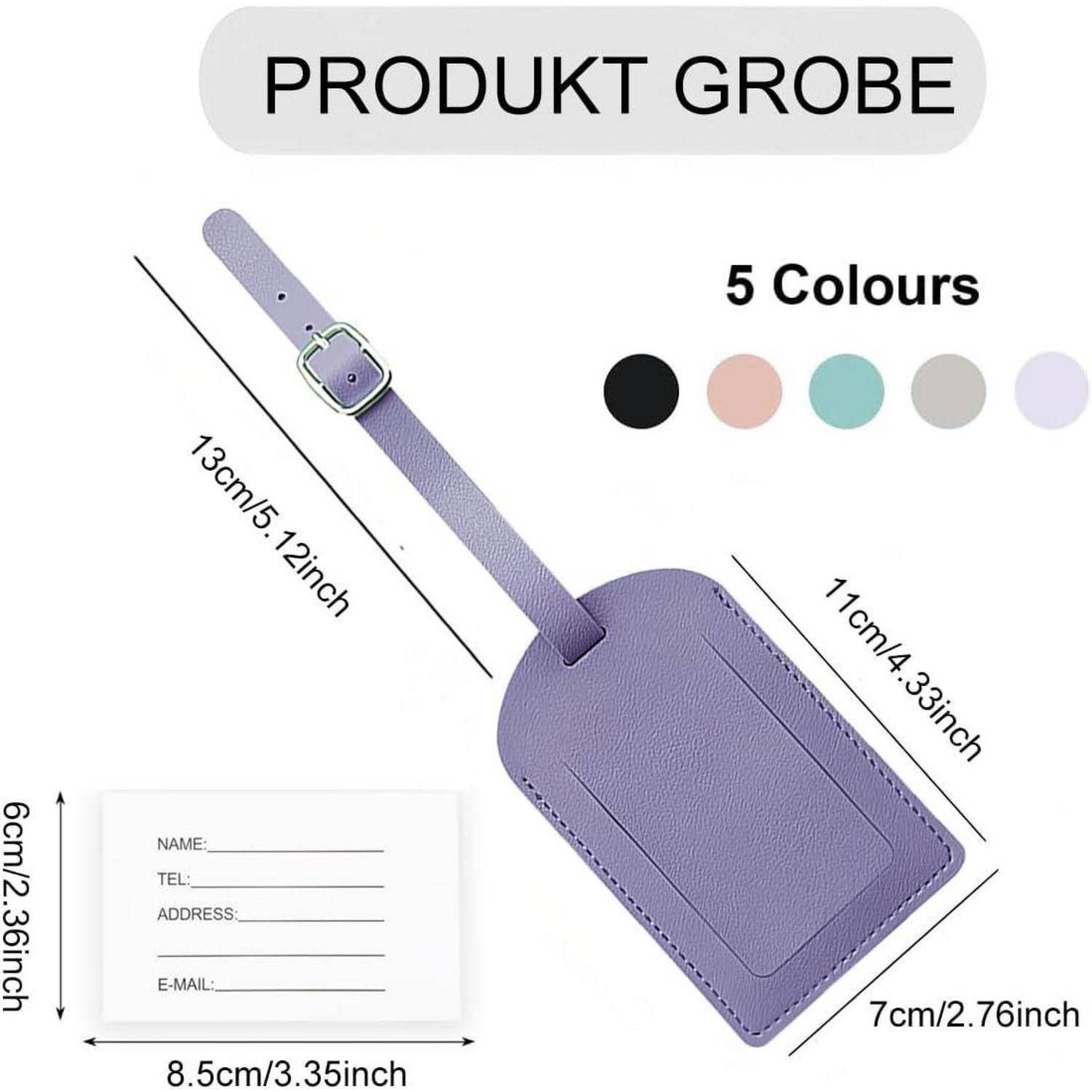 Produktgepäckanhänger Grobe in Lila mit Riemen und Schnalle, gezeigt mit Abmessungen von 13 cm, 11 cm und 7 cm; in 5 Farben erhältlich.
