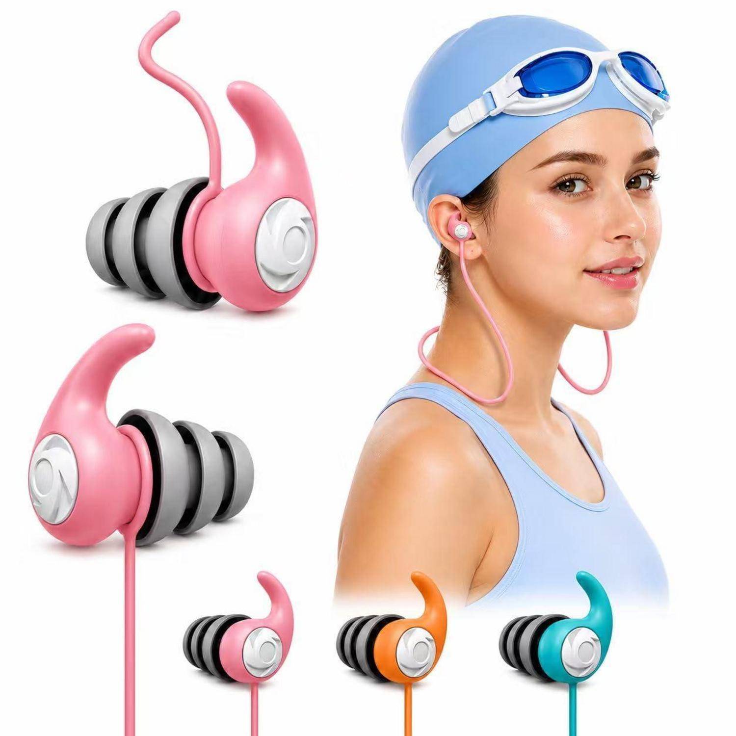 Frau mit rosa Nackenbügel-Kopfhörern und Badekappe/Schwimmbrille, dargestellt mit bunten kabellosen Kopfhörer-Produktbildern auf weißem Hintergrund.