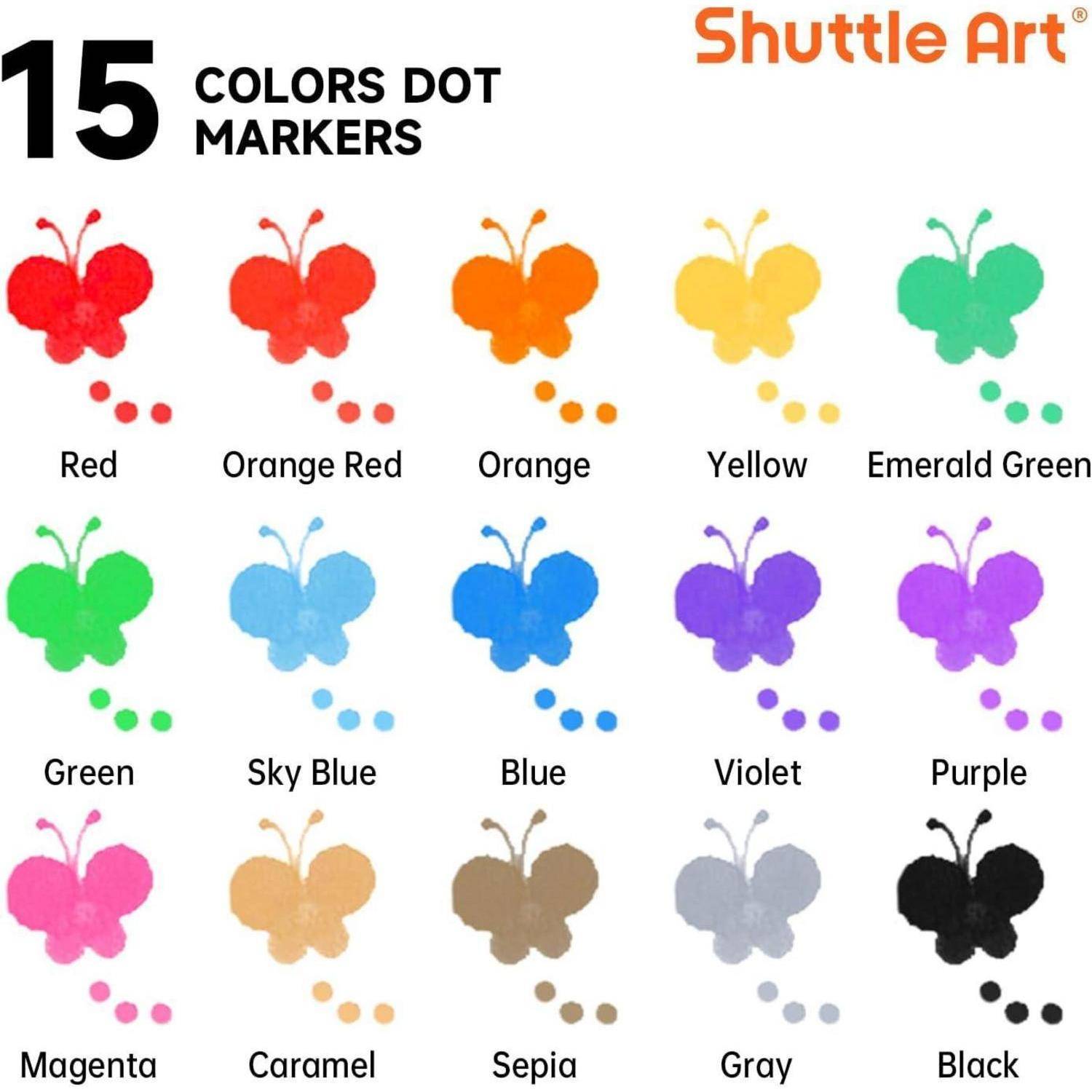 Diagramm von 15 Punkt-Markierungen mit Schmetterlings-Symbolen und Beispiel-Punkten in den Farben: Rot, Orangerot, Orange, Gelb, Smaragdgrün, Grün, Himmelblau, Blau, Violett, Lila, Magenta, Karamell, Sepia, Grau, Schwarz.