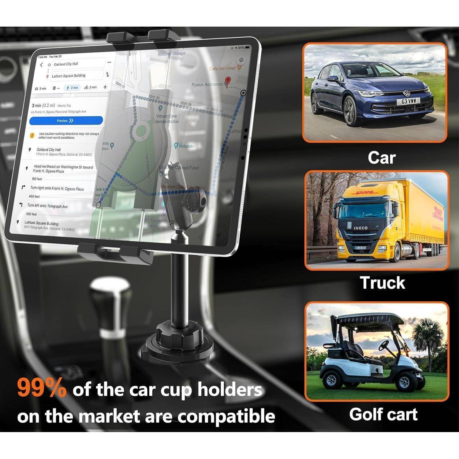 Bewerbungsgrafik eines Tablets in einer Auto-Getränkehalterung mit Navigationsfunktion, mit Beispielen eines Autos, eines Lastwagens und eines Golfwagens; Der Text lautet "99% der Auto-Getränkehalterungen auf dem Markt sind kompatibel"".