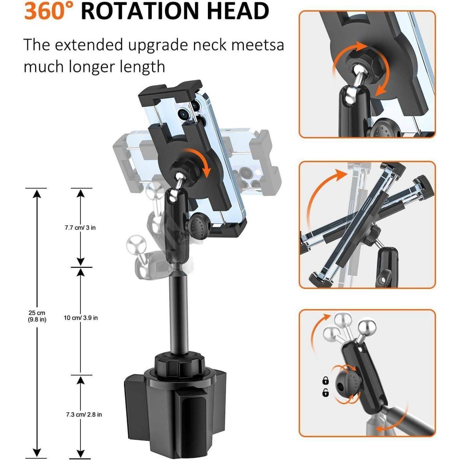 Produktgrafik zeigt eine "360°-Drehkopf""-Handyhalterung mit verlängertem Hals; Pfeile zeigen einstellbare Winkel und einen Höhenbereich von 25 cm.