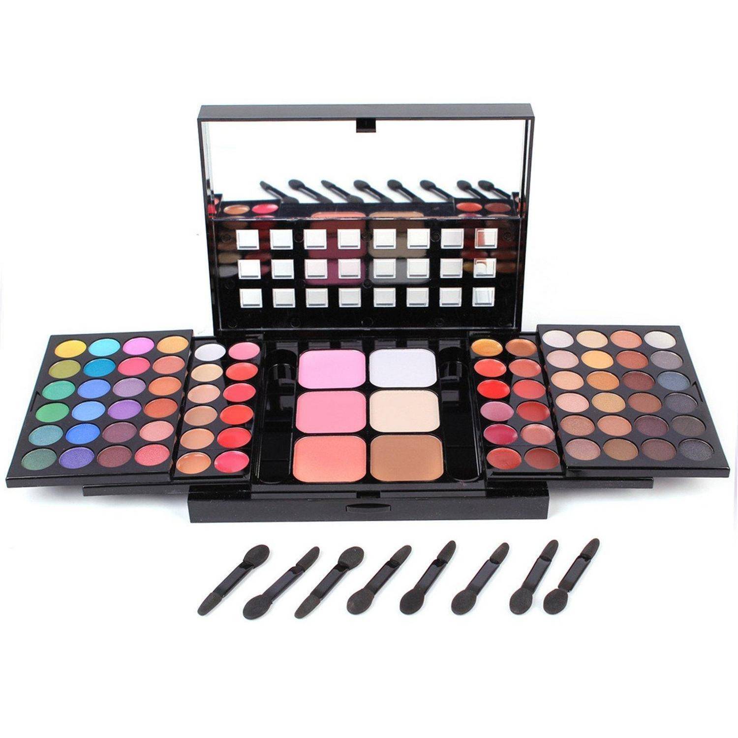 Offenes Make-up-Set mit Spiegel, enthält Lidschatten-, Rouge- und Lippenstift-Paletten sowie mehrere Applikatorpinsel.
