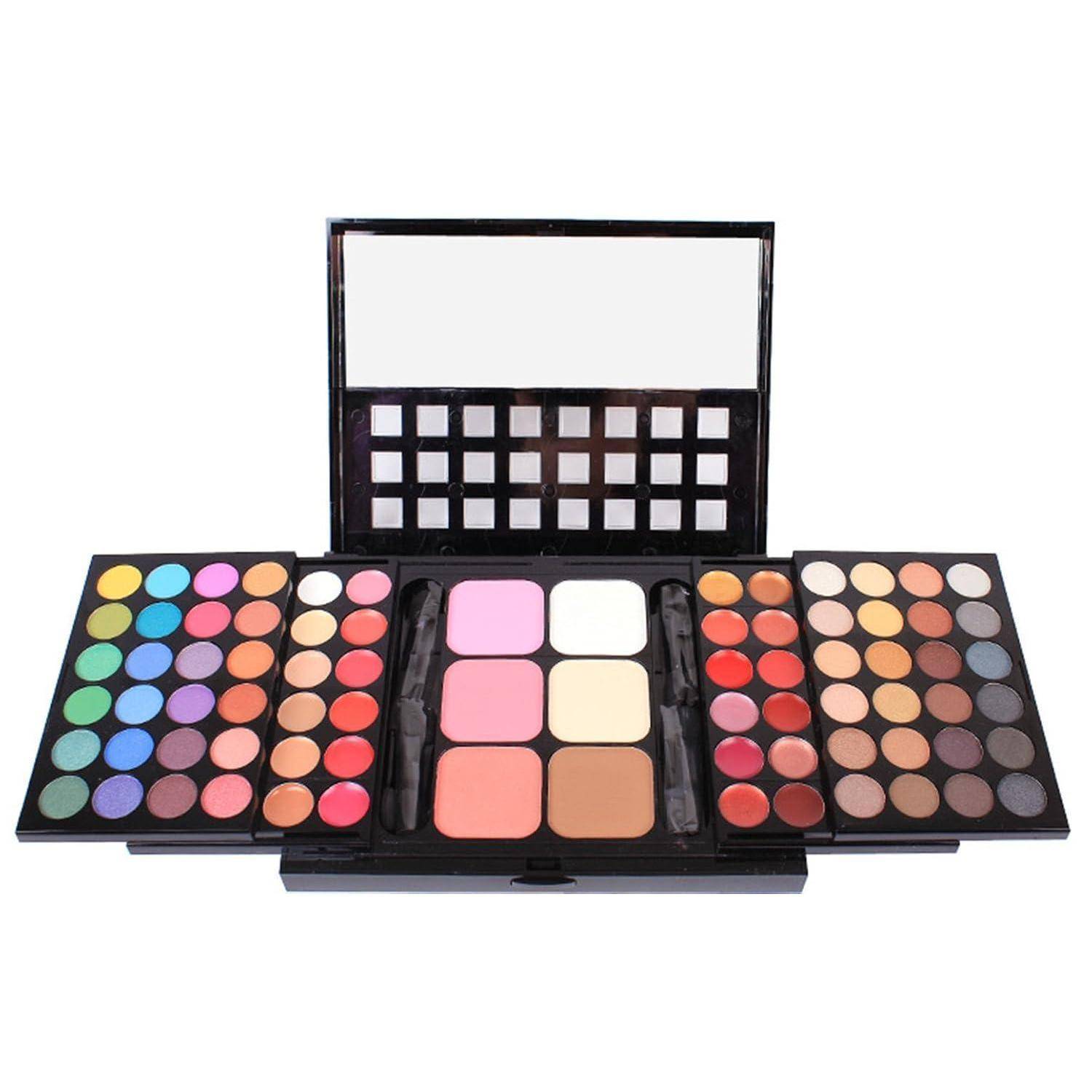 Offene Make-up-Palette mit Spiegel und mehreren Reihen von farbenfrohen Lidschatten- und Gesichtspuder-Töpfen, angeordnet in einem kompakten Etui.