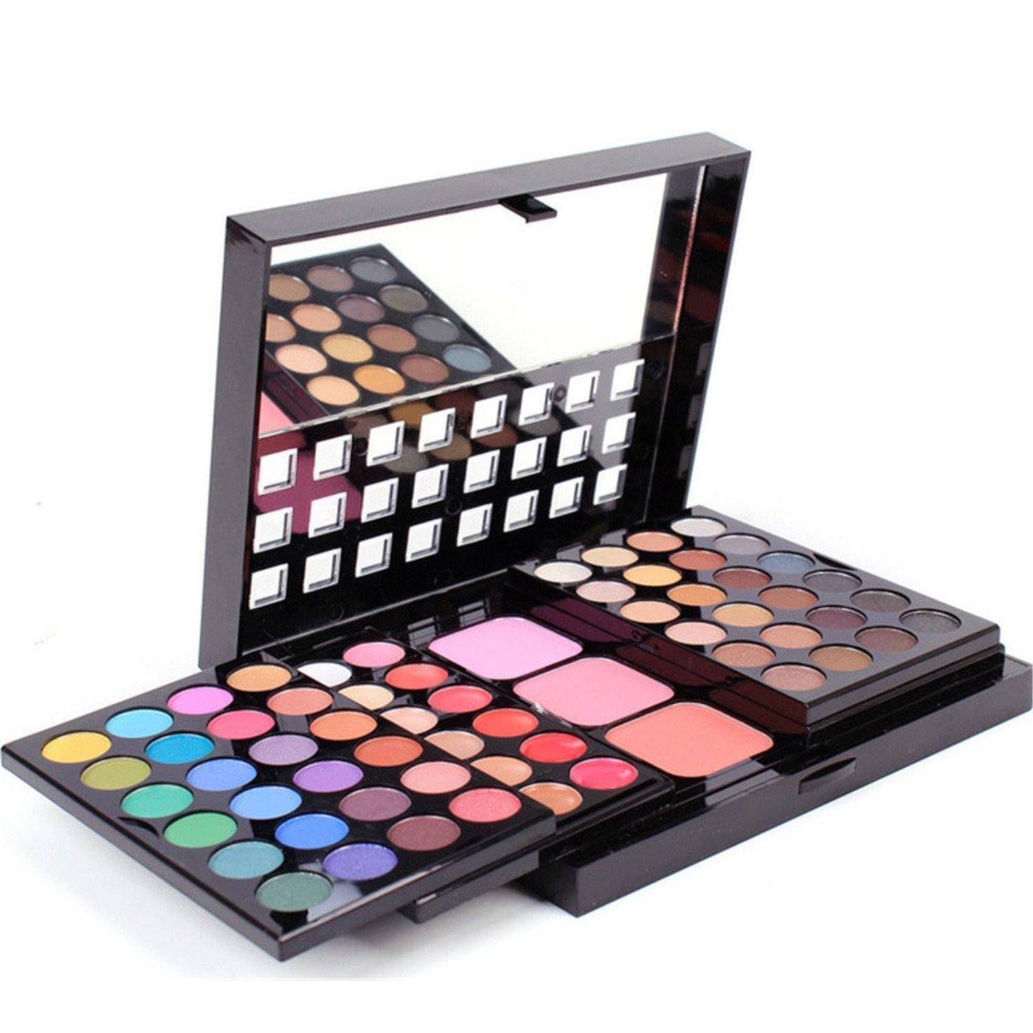 Offene Make-up-Palette mit Spiegel und mehreren Reihen farbenfroher Lidschatten-Näpfchen, einschließlich Rosa- und Neutraltönen, auf weißem Hintergrund.