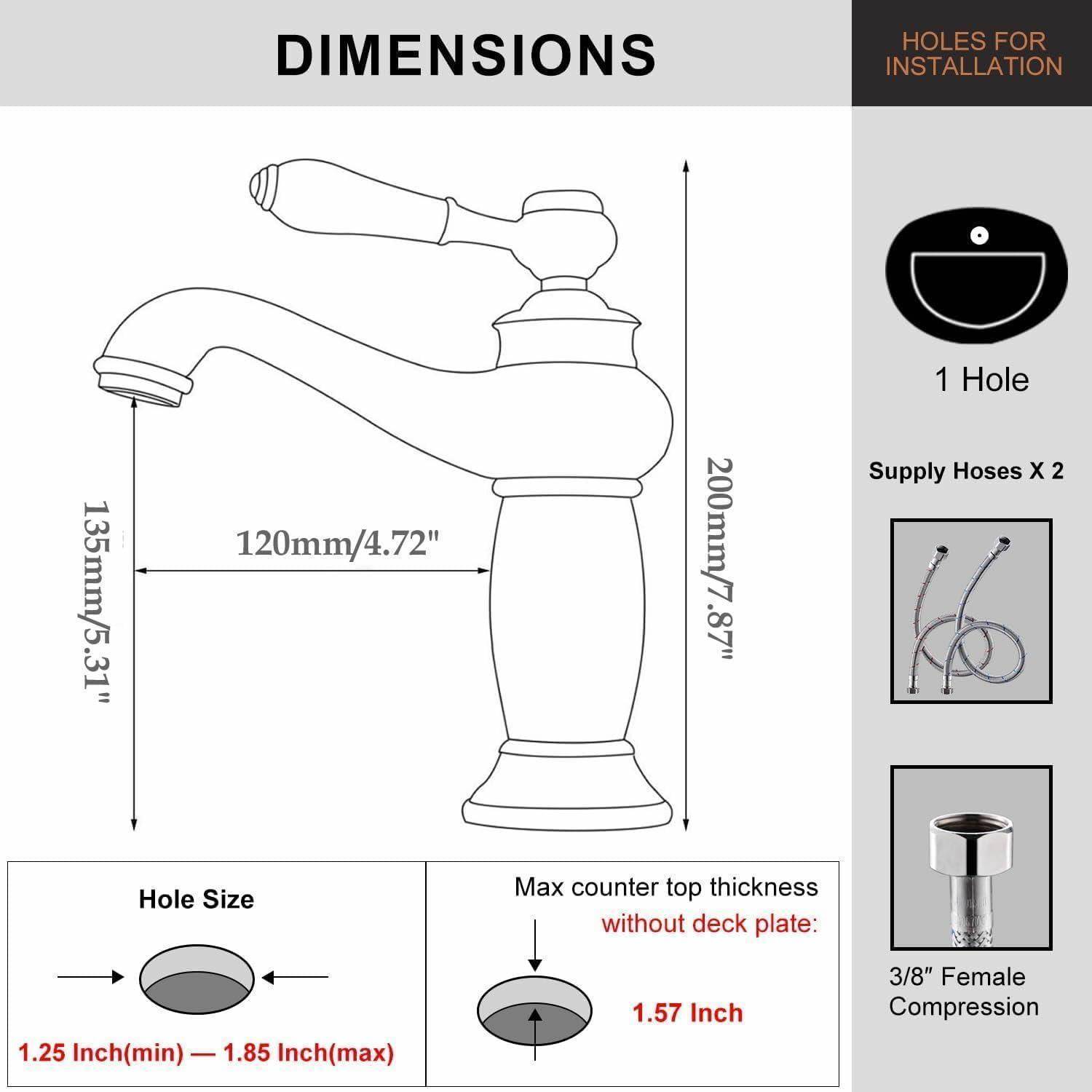 Badezimmer-Wasserhahn-Maßdiagramm mit Einzelloch-Installation mit Versorgungsschläuchen, 200 mm Höhe, 120 mm Auslaufreichweite und 1,25–1,85 Zoll Lochgröße.
