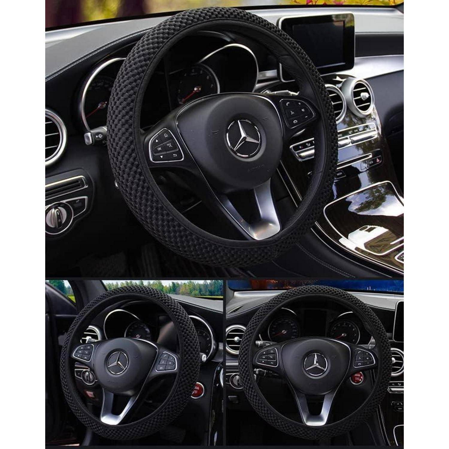 Kollage eines Mercedes-Benz-Autoinnenraums, die ein schwarzes Lenkrad mit strukturierter Oberfläche, Armaturenbrett-Bedienelemente und Lüftungsschlitze aus mehreren Blickwinkeln zeigt.