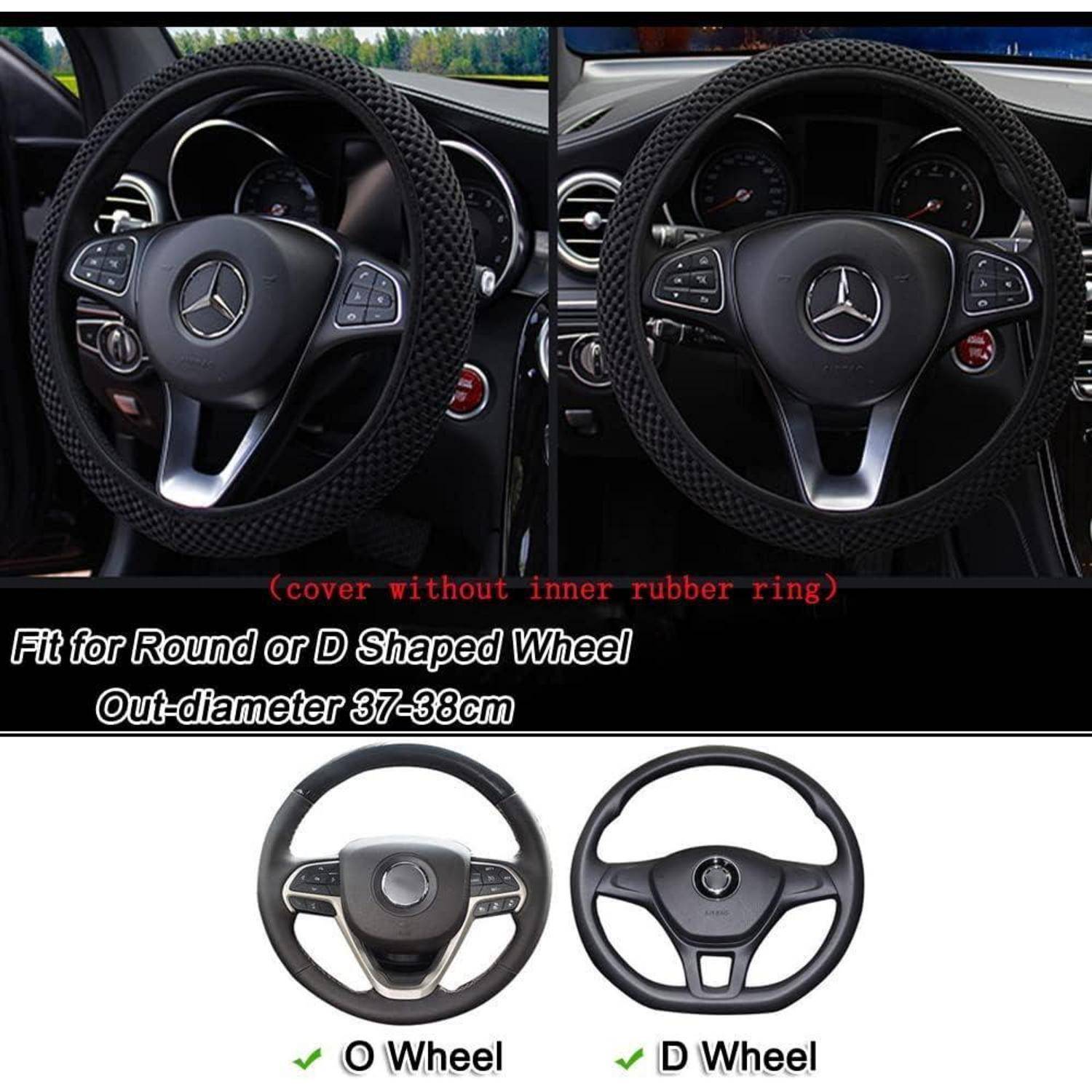 Vergleichsgrafik, die zeigt, dass eine Mercedes-Lenkradabdeckung auf runde und D-förmige Lenkräder passt, beschriftet mit „Passt auf runde oder D-förmige Lenkräder" und „Außendurchmesser 37-38 cm"".