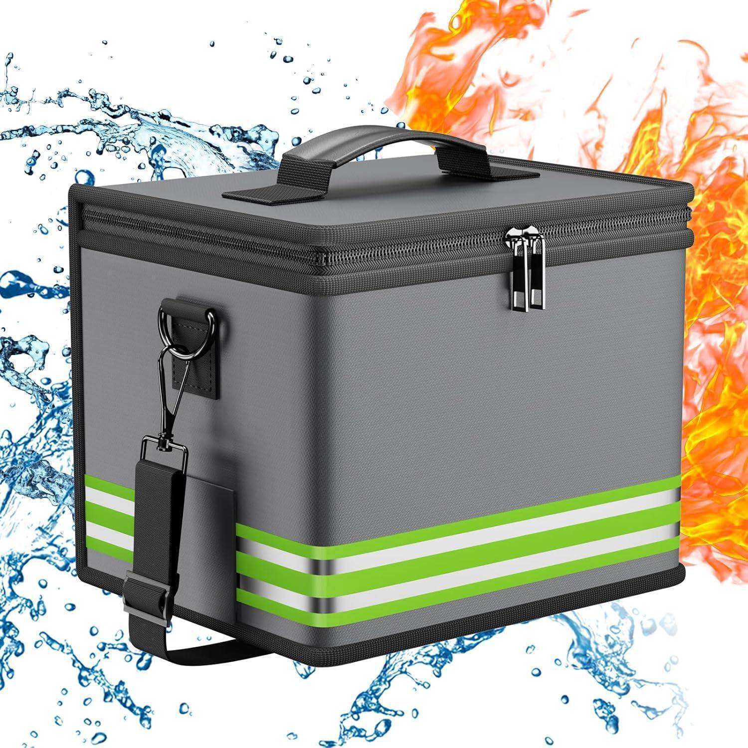 Graue isolierte Kühlertasche mit Griff und Schultergurt, vor spritzendem Wasser und Flammen gezeigt, um anzudeuten, dass sie den Inhalt heiß oder kalt hält.