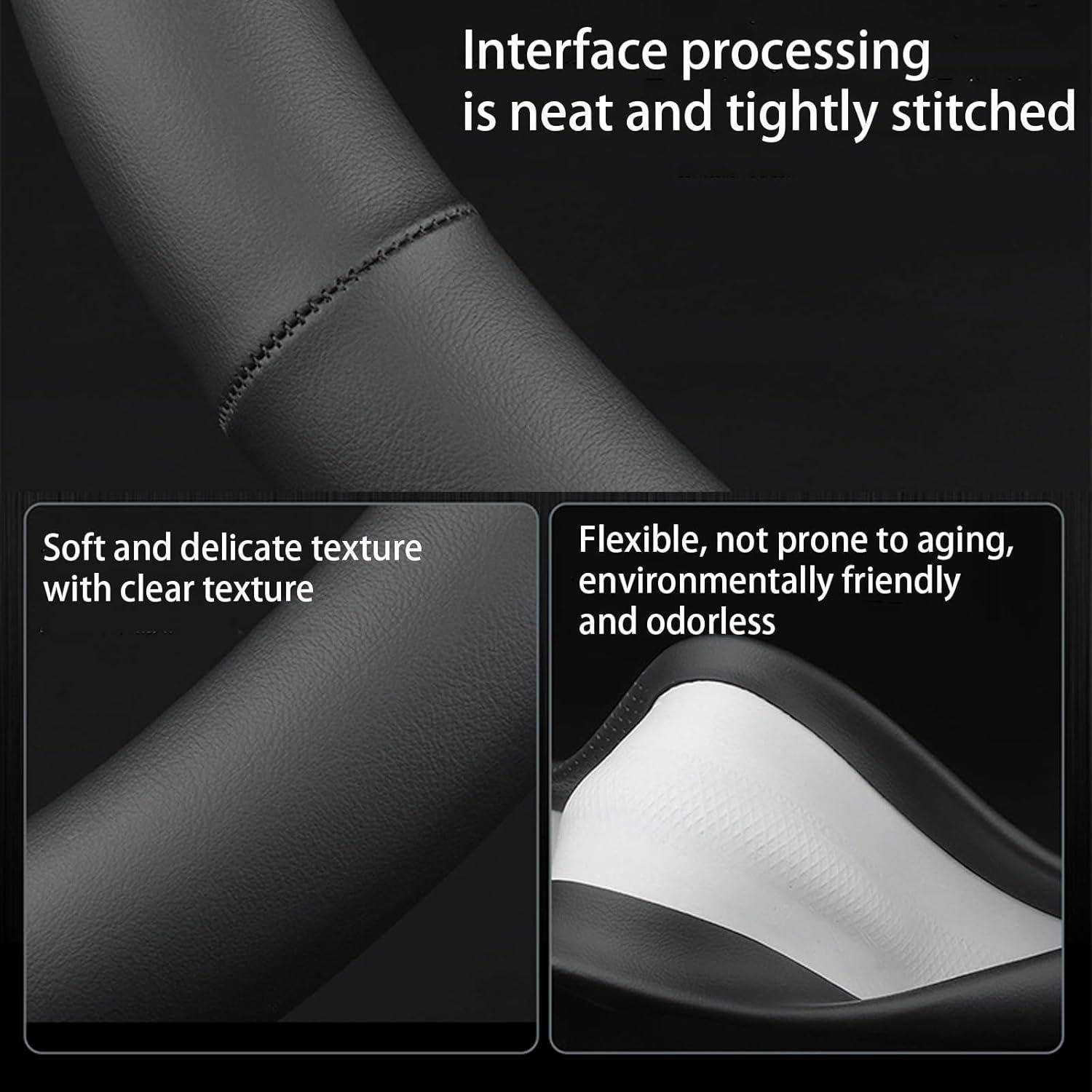Werbebild eines schwarzen strukturierten Materials mit Nahaufnahme von Nähten, das saubere Stiche, weiches Gefühl und eine flexible, umweltfreundliche, geruchslose Rückseite hervorhebt.