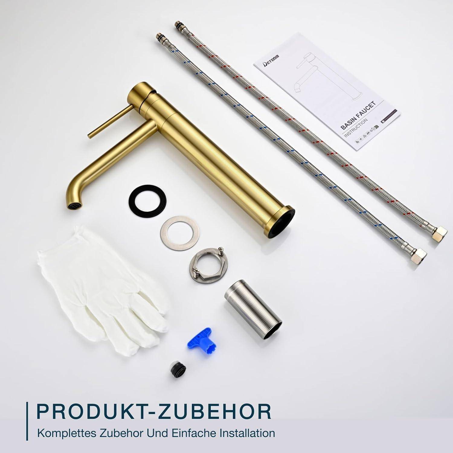 Goldbecken-Armatur mit zwei Schläuchen, Dichtungen, Handschuhen und Installationsteilen auf weißem Hintergrund angeordnet; Text liest „PRODUKT-ZUBEHÖR