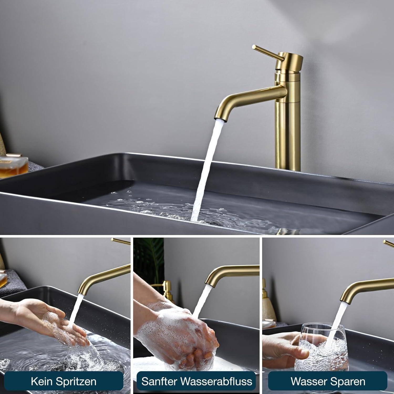 Collage eines goldenen Badezimmerhahns, der ein Waschbecken füllt, ohne Spritzwasser, mit sanftem Wasserfluss und wassersparendem Händewaschen, beschriftet auf Deutsch.