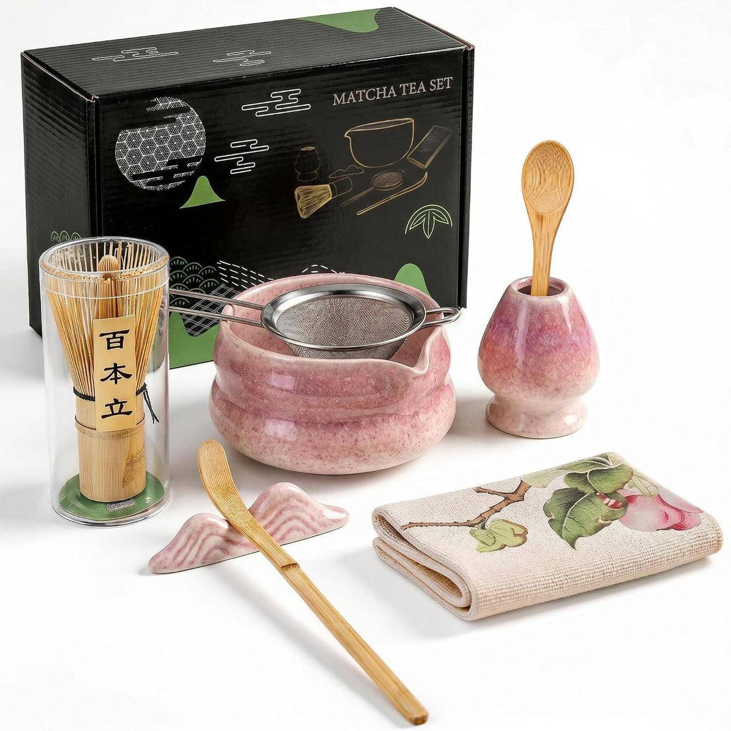 Matcha Set 8-Piece Premium Tea Ceremony Kit with Ceramic Bowl, 100+ Tines Bamboo Whisk (Chasen), Holder, Spoon, Strainer & Cloth (Lila, Lila