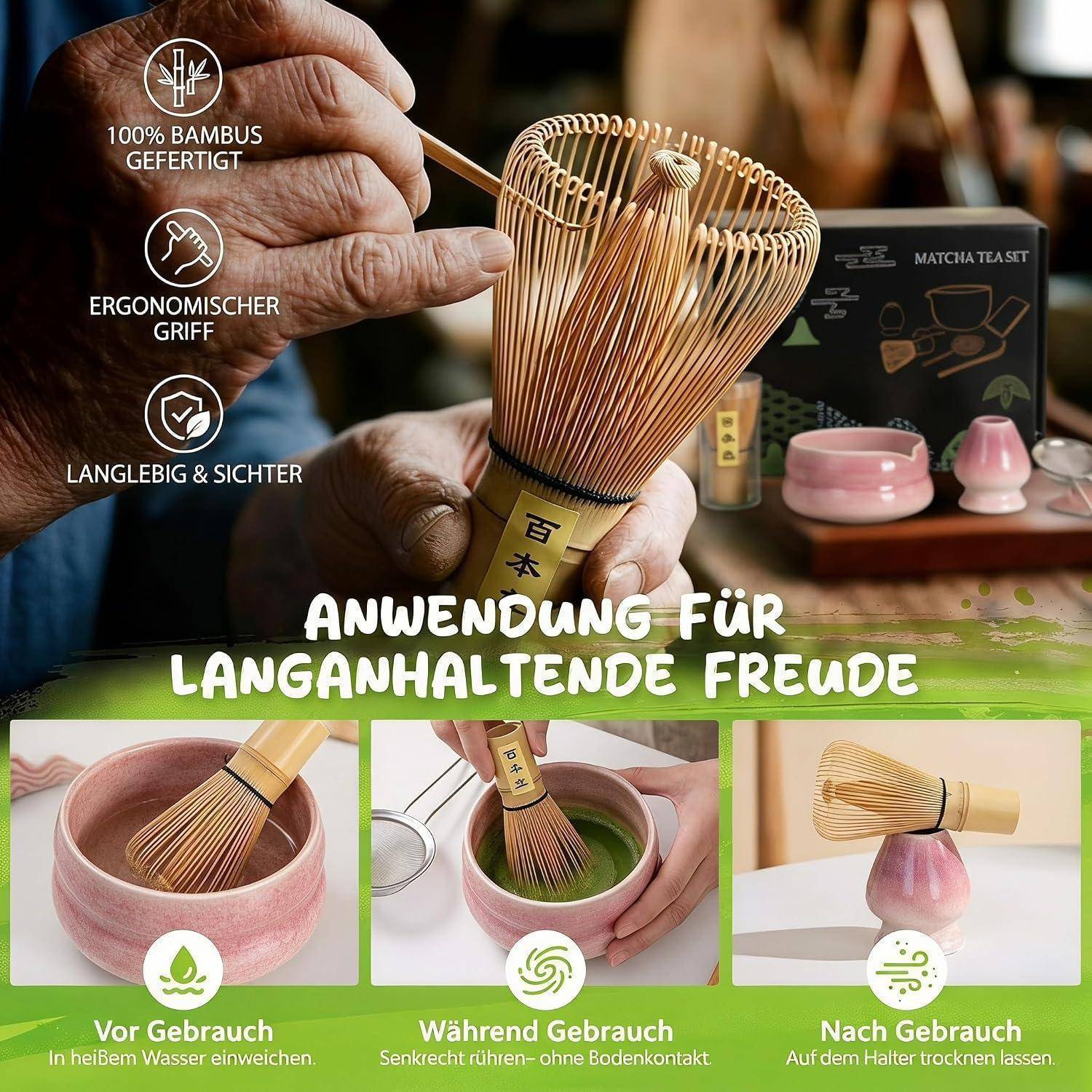 Matcha Set 8-Piece Premium Tea Ceremony Kit with Ceramic Bowl, 100+ Tines Bamboo Whisk (Chasen), Holder, Spoon, Strainer &amp; Cloth (Lila, Lila
