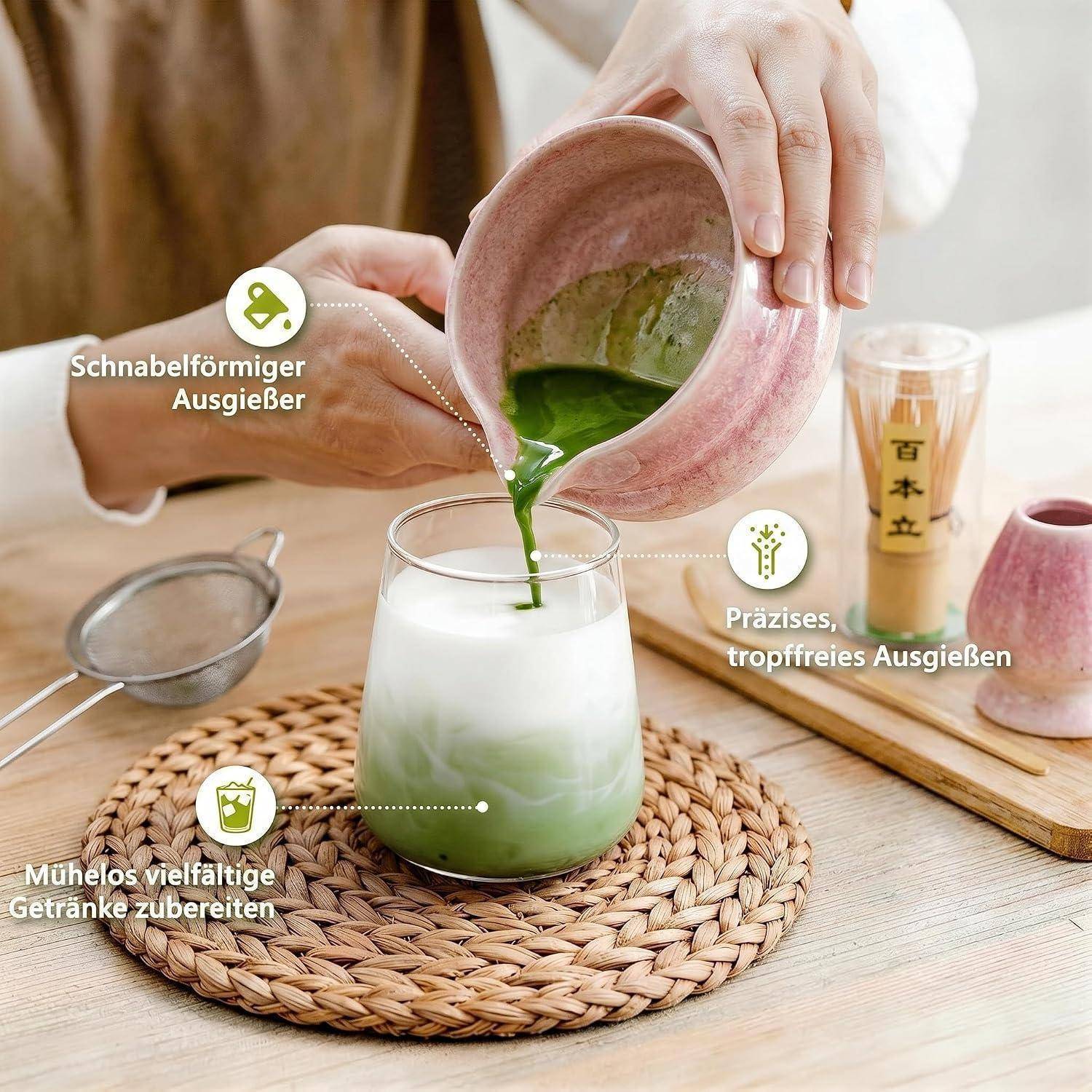 Matcha Set 8-Piece Premium Tea Ceremony Kit with Ceramic Bowl, 100+ Tines Bamboo Whisk (Chasen), Holder, Spoon, Strainer &amp; Cloth (Lila, Lila