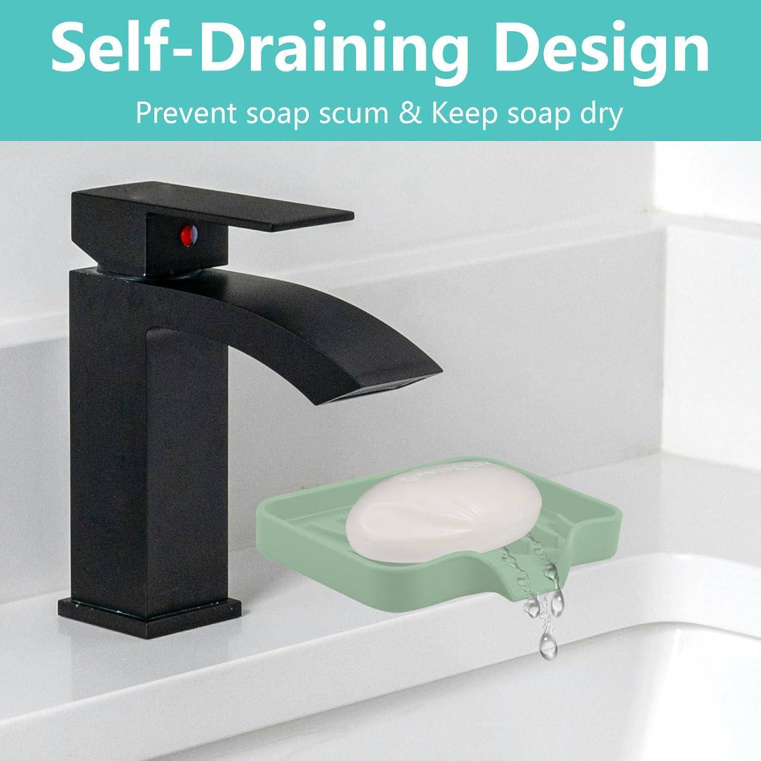 Schwarzer Badezimmerhahn mit Text „Self-Draining Design