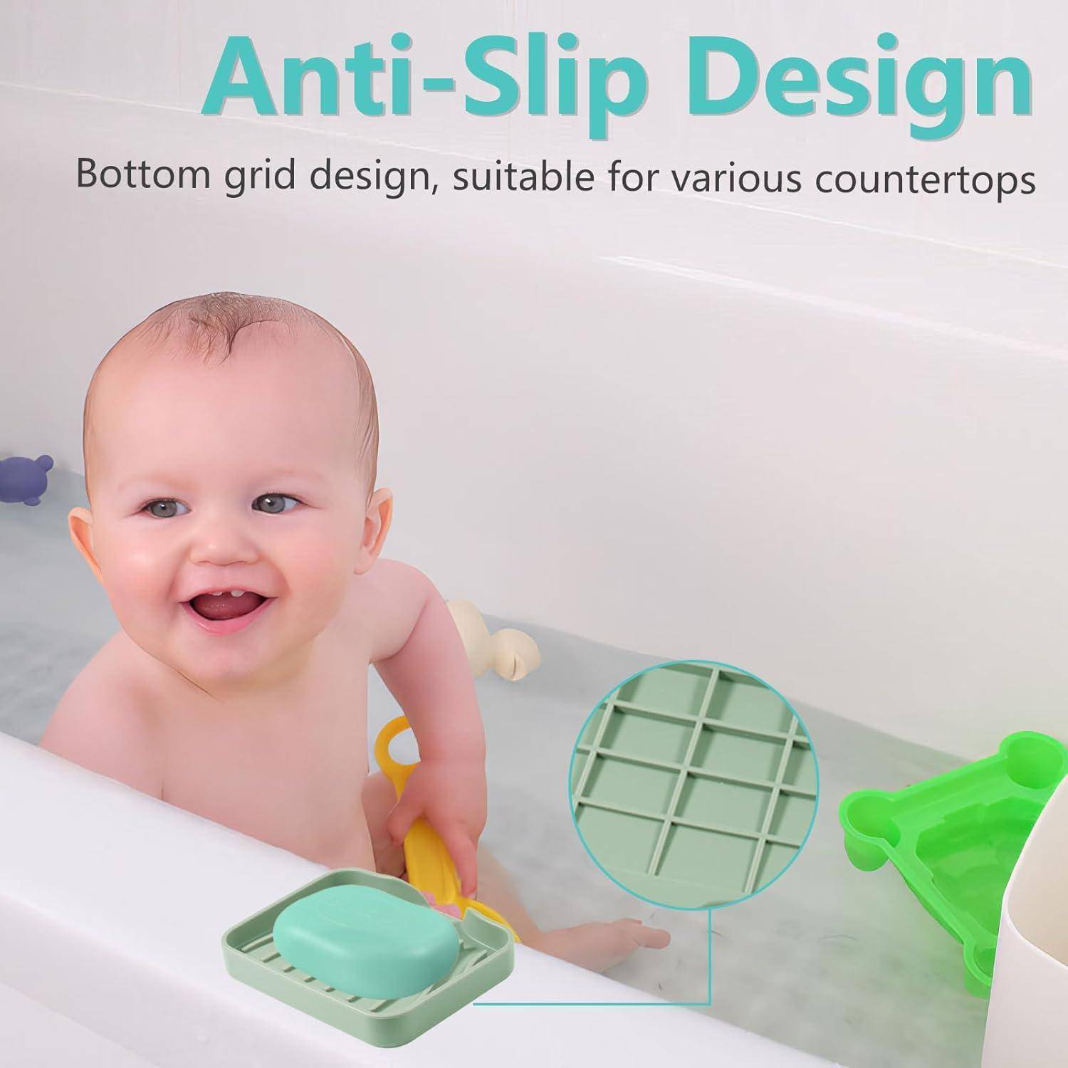 Baby in einem Bad mit einer rutschfesten Gittermatte, gezeigt als geeignet für verschiedene Arbeitsplatten.
