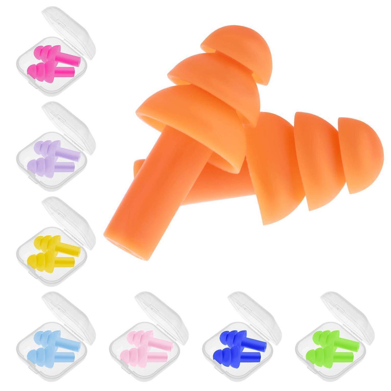 Schaumstoff-Ohrstöpsel in einem durchsichtigen Behältnis, in Orange dargestellt mit abwechselnden Farben – Rosa, Lila, Gelb, Blau und Grün – rund um das Bild angeordnet.