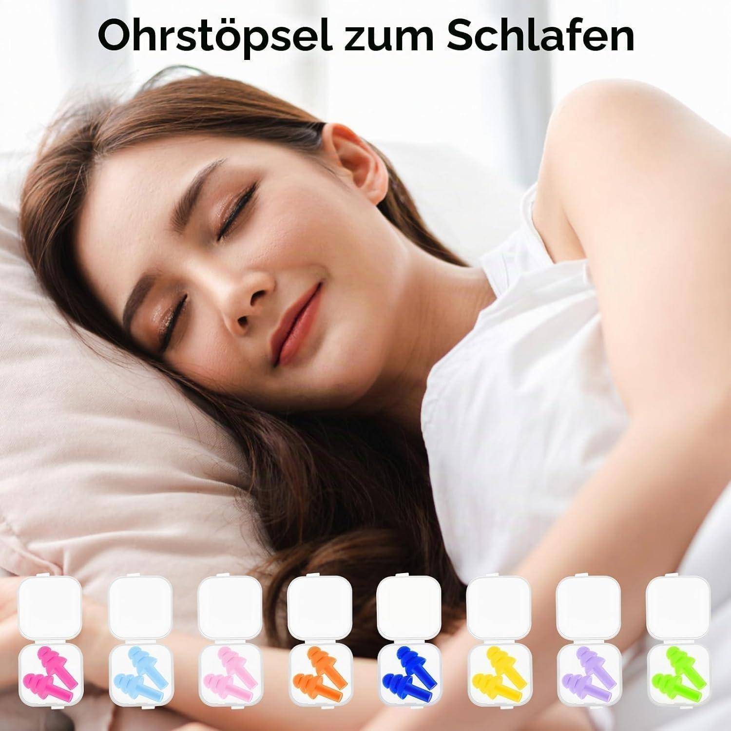 Schlafende Frau neben dem Text „Ohrstöpsel zum Schlafen