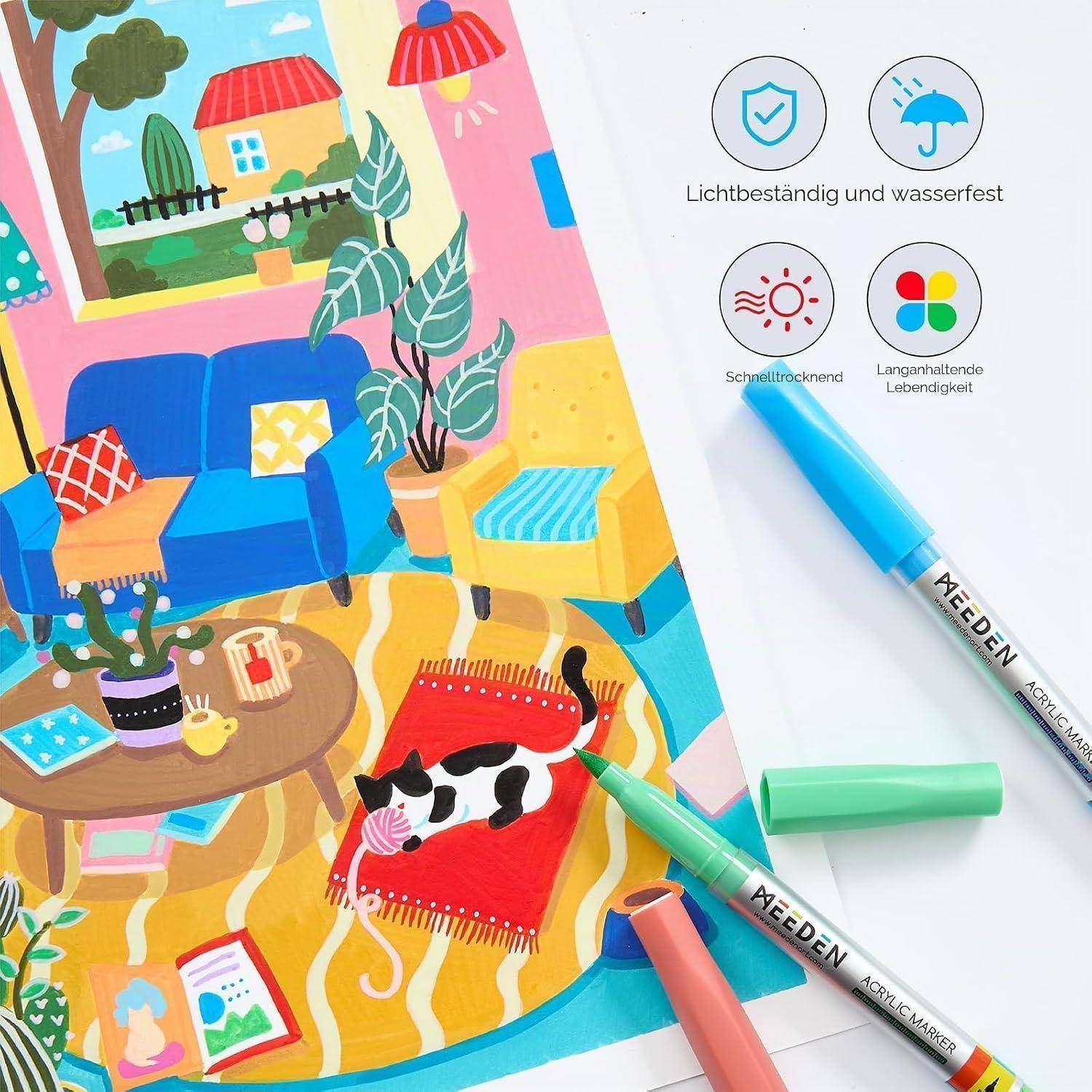 Eine bunte, handgemalte Wohnzimmerszene auf Papier, dargestellt mit AEEDEN Acrylmarkern und deutschen Funktionssymbolen für Wasserbeständigkeit, schnelle Trocknung und langlebige Farbe.