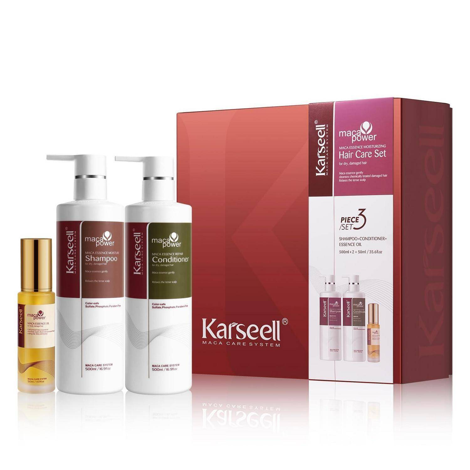 Karseell Maca Power Haarpflege-Set: Shampoo, Conditioner und Öl in Flaschen neben einem roten verpackten Geschenkset mit der Aufschrift „Hair Care Set