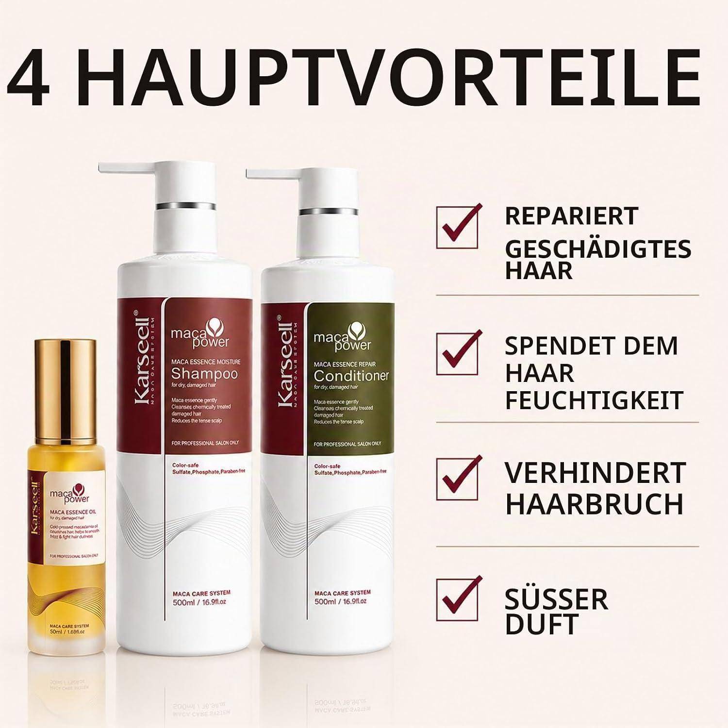 Haarpflegeprodukt-Anzeige mit Shampoo, Conditioner und Öl mit der Überschrift „4 HAUPTVORTEILE"; Ansprüche reparieren beschädigtes Haar, fügen Feuchtigkeit hinzu, verhindern Haarbruch und verleihen einen süßen Duft.