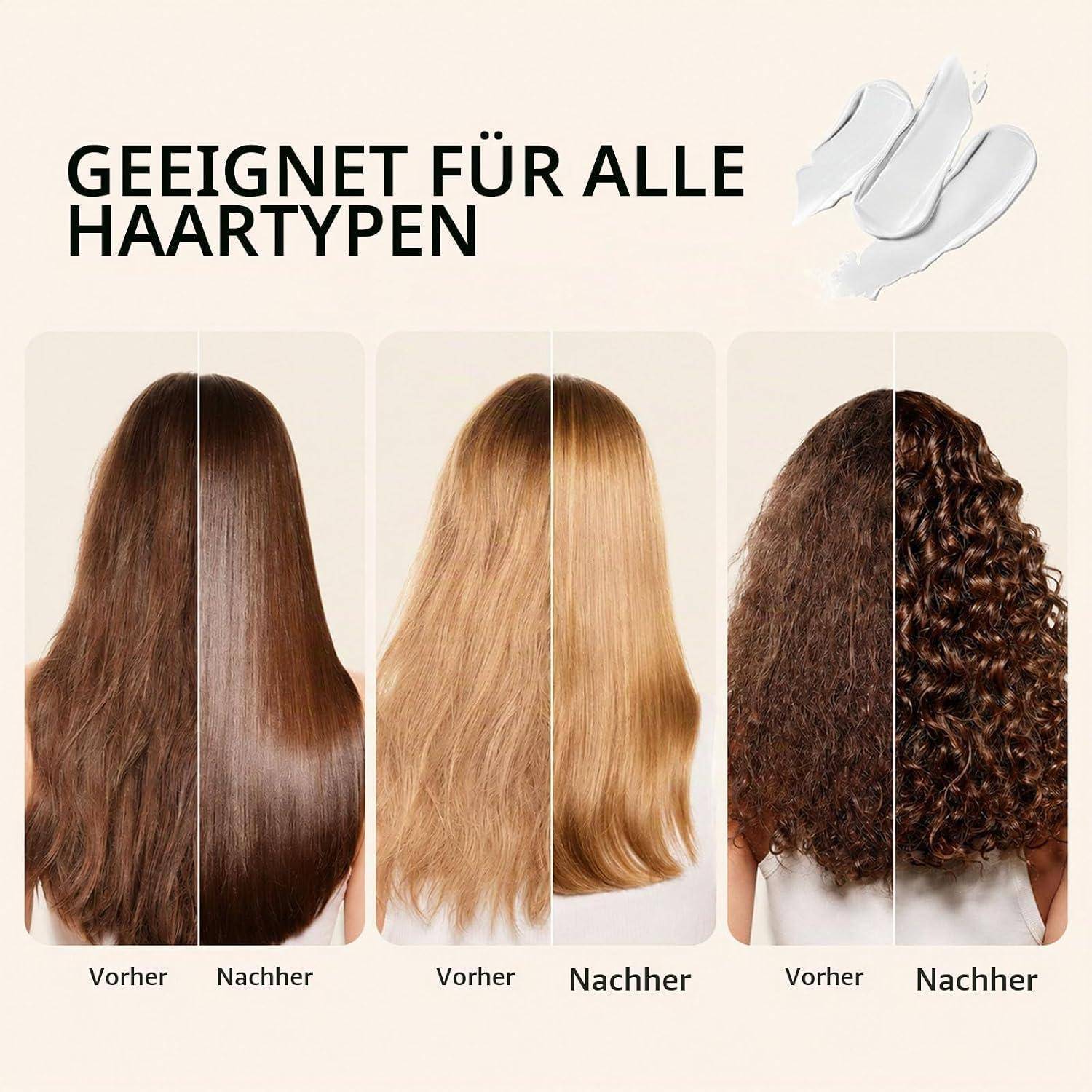 Deutschische Werbeanzeige zeigt Vorher-und-Nachher-Ergebnisse für Haare aller Art, mit Text "GEEIGNET FÜR ALLE HAARTYPEN"" und drei Haartexturen: glatt, blond und lockig.