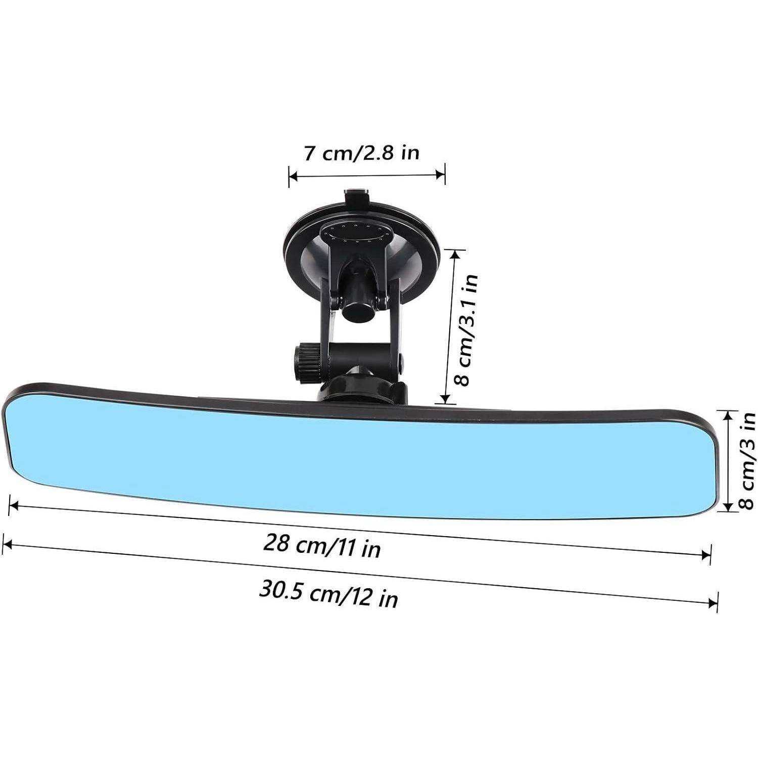 Ein breiter blauer Rückspiegel mit Saugnapfhalterung, dargestellt mit den Abmessungen: 30,5 cm lang, 8 cm hoch, 7 cm breite Halterung und 8 cm Stieglhöhe.