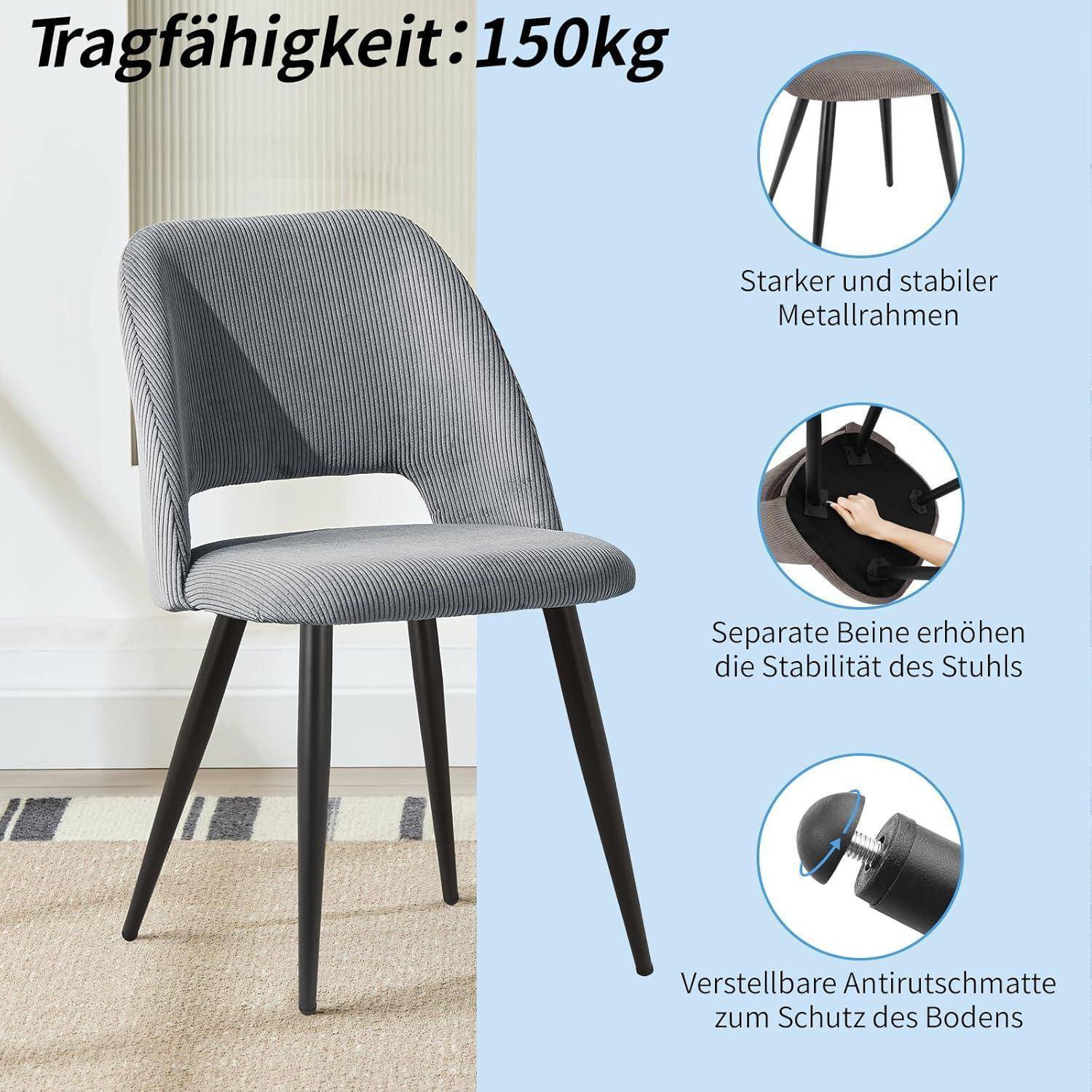 Esszimmerstühle 6er Set, Stühle Esszimmer, Küchenstühle, Wohnzimmer Essstühle mit Ausschnitt Rückenlehne Streifen Samt Stuhl, Gepolsterte Stühl
