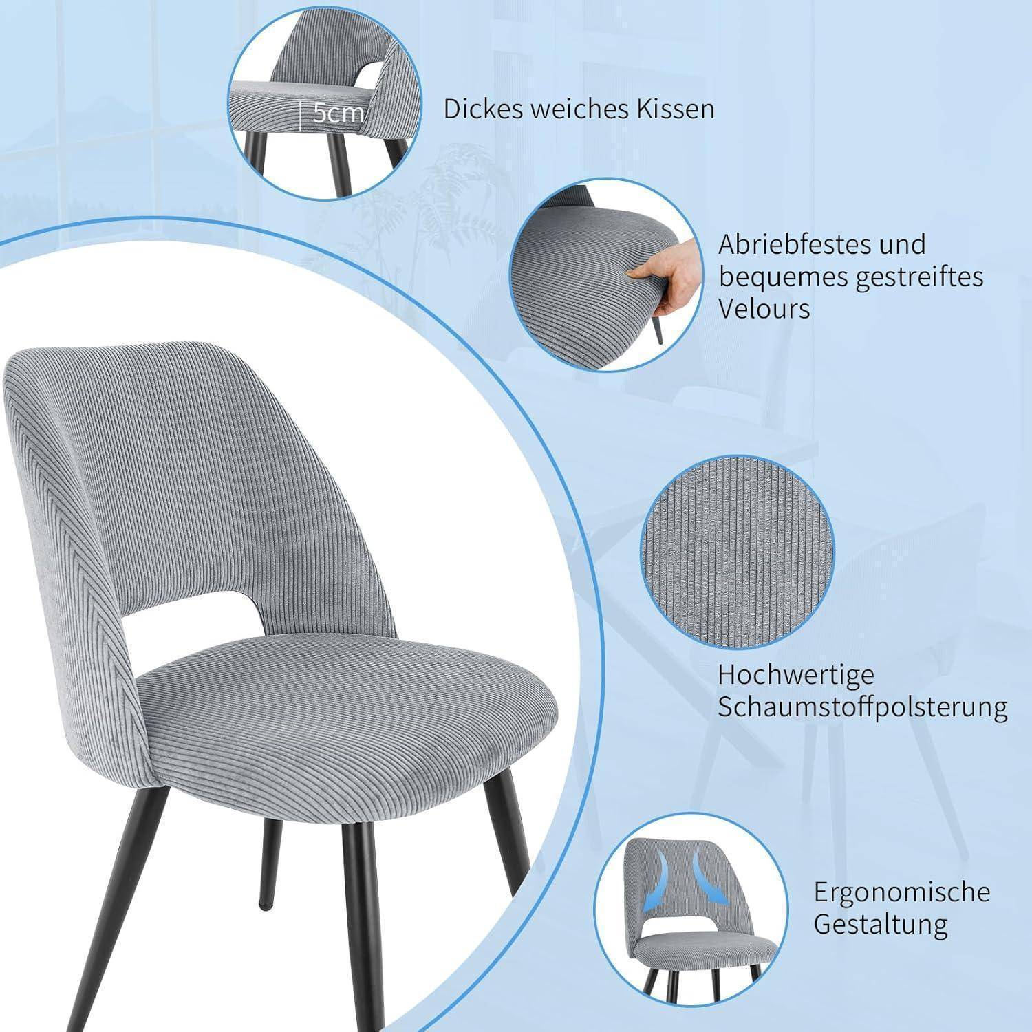 Esszimmerstühle 6er Set, Stühle Esszimmer, Küchenstühle, Wohnzimmer Essstühle mit Ausschnitt Rückenlehne Streifen Samt Stuhl, Gepolsterte Stühl