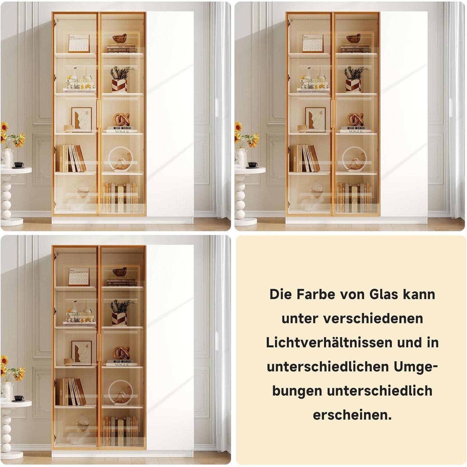 Vierteiliges Produktbild, das einen Schrank mit Glastür unter verschiedenen Lichtverhältnissen zeigt; der Text besagt, dass die Glasfarbe unter verschiedenen Lichtverhältnissen und in verschiedenen Umgebungen unterschiedlich wirken kann.