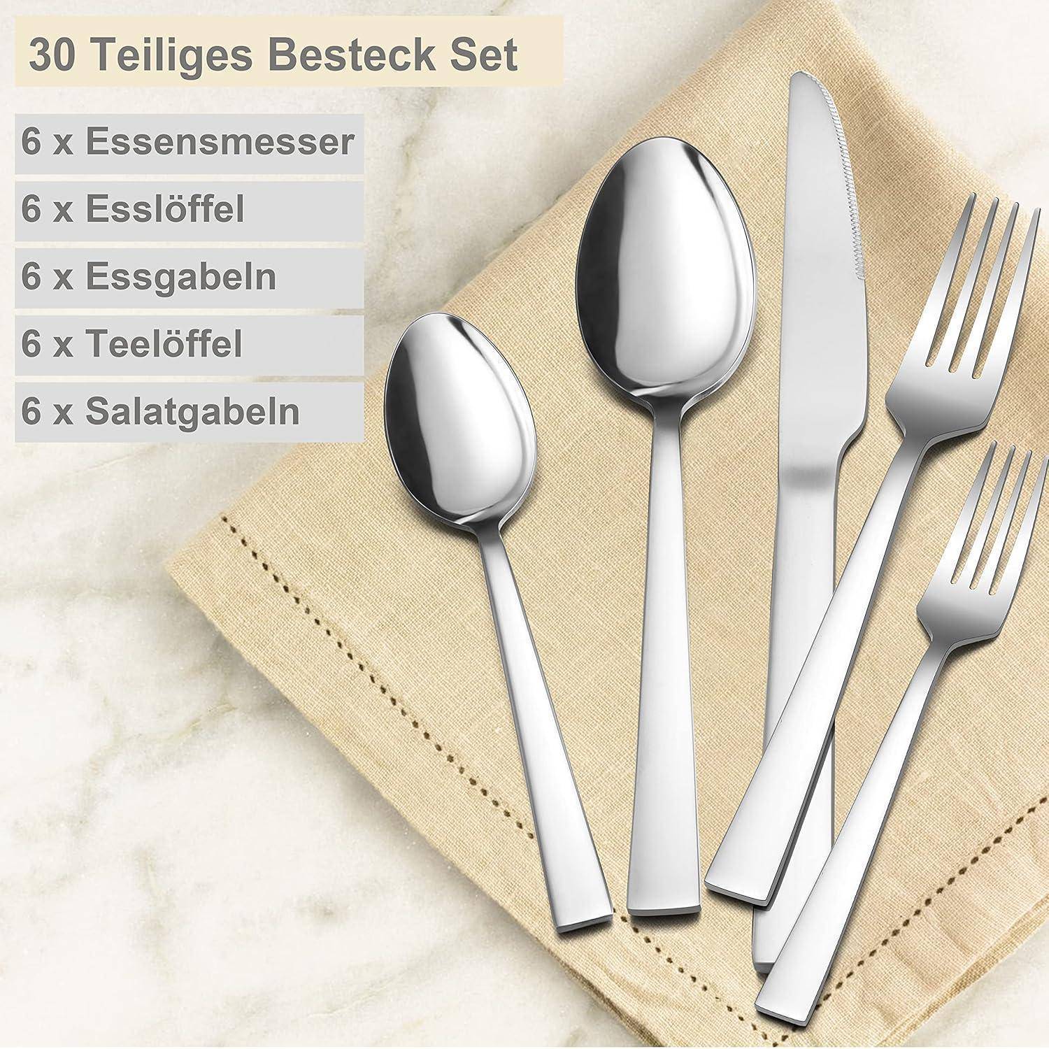 Besteck Set, Herogo 30 Teiliges Edelstahl Besteckset für 6 Personen, Silber Essbesteckset für Familie/Party/Hotel, Tafelbesteck mit Messer Gabel Lö