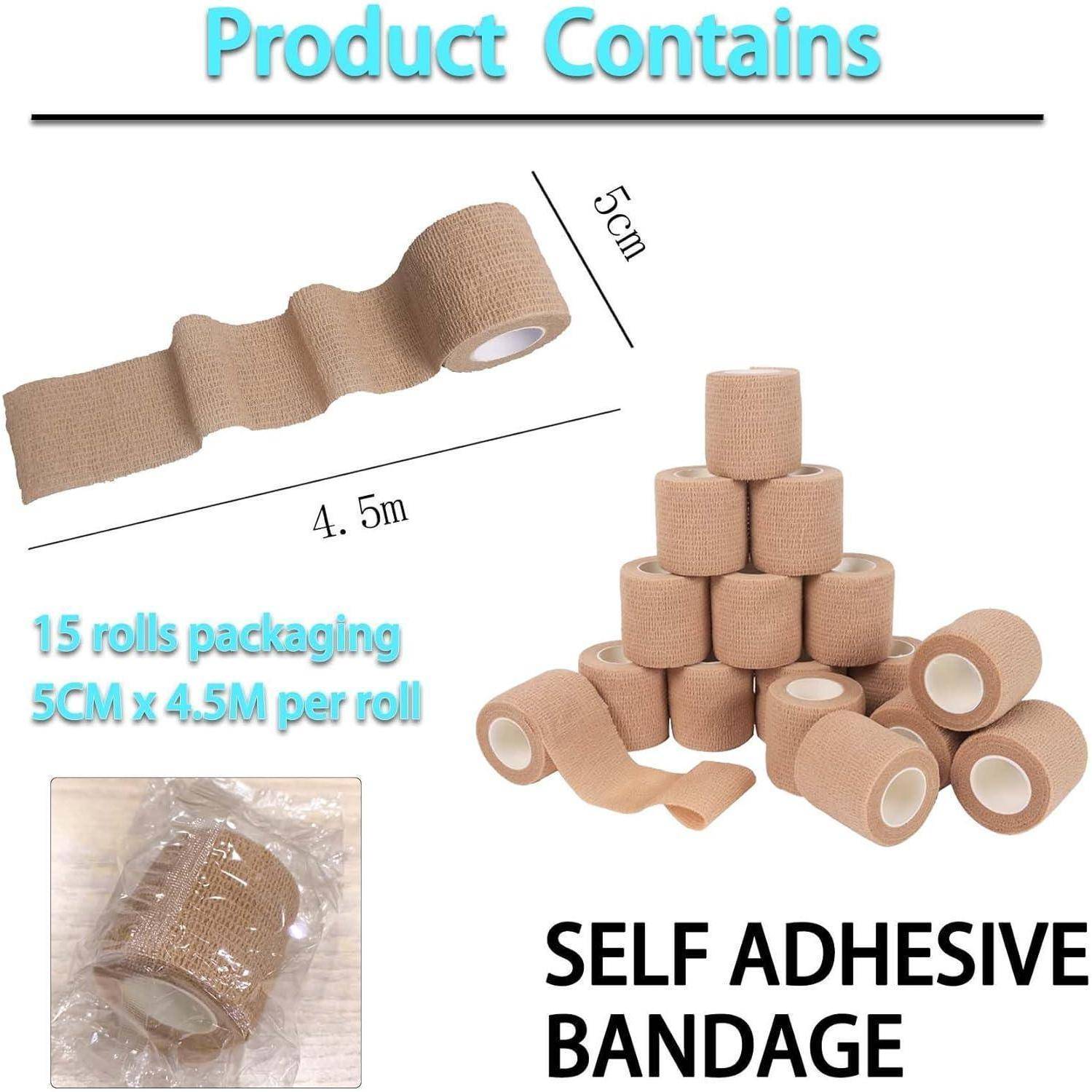 Produktinhalts-Abbildung mit selbstklebenden Verbandrollern, 5 cm breit und 4,5 m lang, mit 15 Rollen pro Packung.