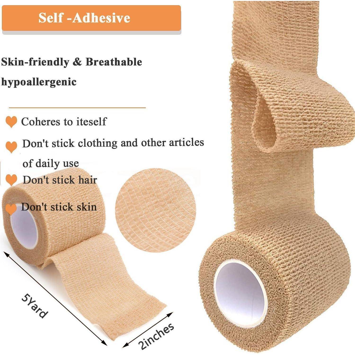 Selbstklebende beige elastische Bandagenrolle mit hautfreundlichen, atmungsaktiven, hypoallergenen Eigenschaften und in der gezeigten Größe von 5 Yards und 2 Zoll.