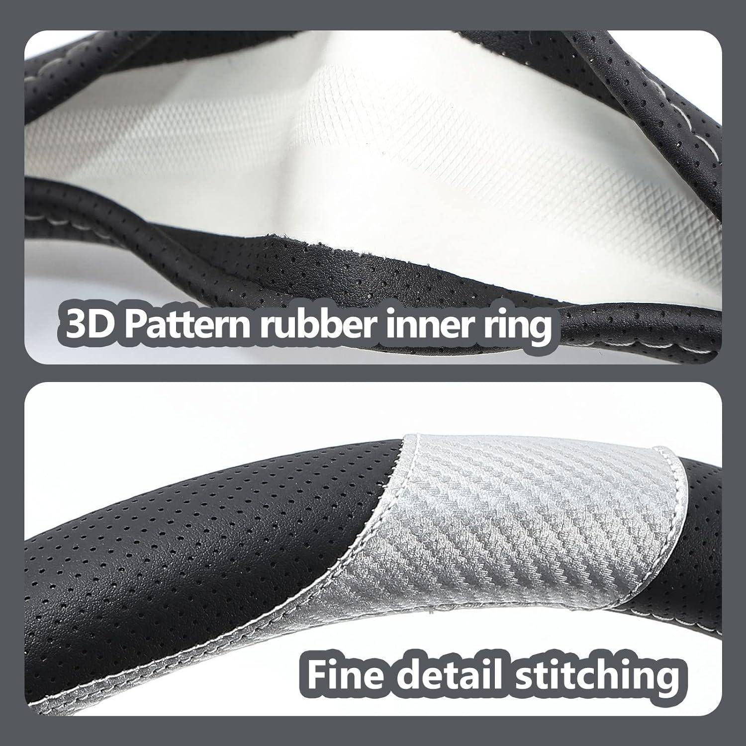 Nahaufnahme eines Produktbildes einer Lenkradabdeckung, die einen 3D-Muster-Gummiinnenring und feine detaillierte Nähte zeigt.