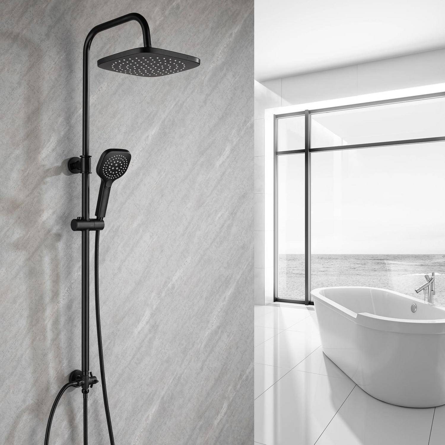 Modernes Badezimmer mit schwarzer Regendusche und tragbarem Duschkopf neben einer freistehenden Badewanne und großem Fenster mit Blick auf das Wasser.