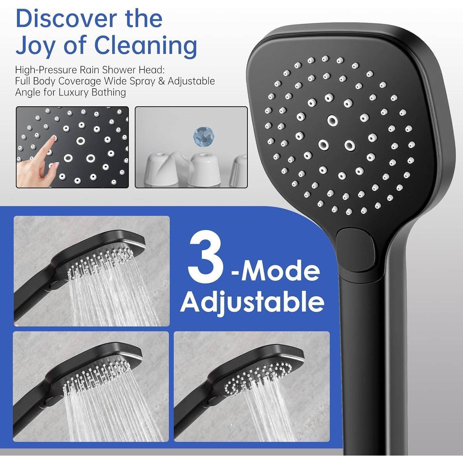 Regendusche ohne Armatur Matt, Duschgarnitur mit 25 cm Rund Regendusche und 3 Strahlarten Duschkopf, Duschsystem ohne Armatur Höhenverstellbar