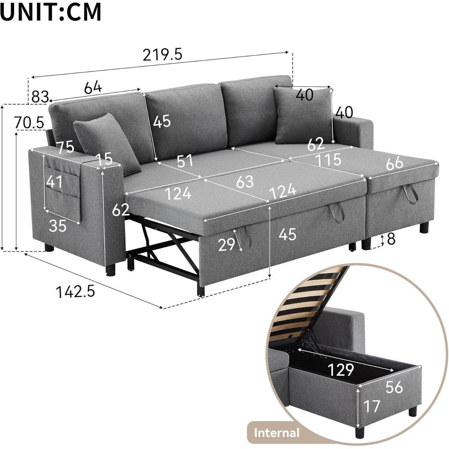 Dimensioniertes graues Schlafsofa mit Chaiselongue-Stauraum-Ottomane, in Zentimetern beschriftet, zeigt ausklappbares Bett und internes Lagerungsabteil.