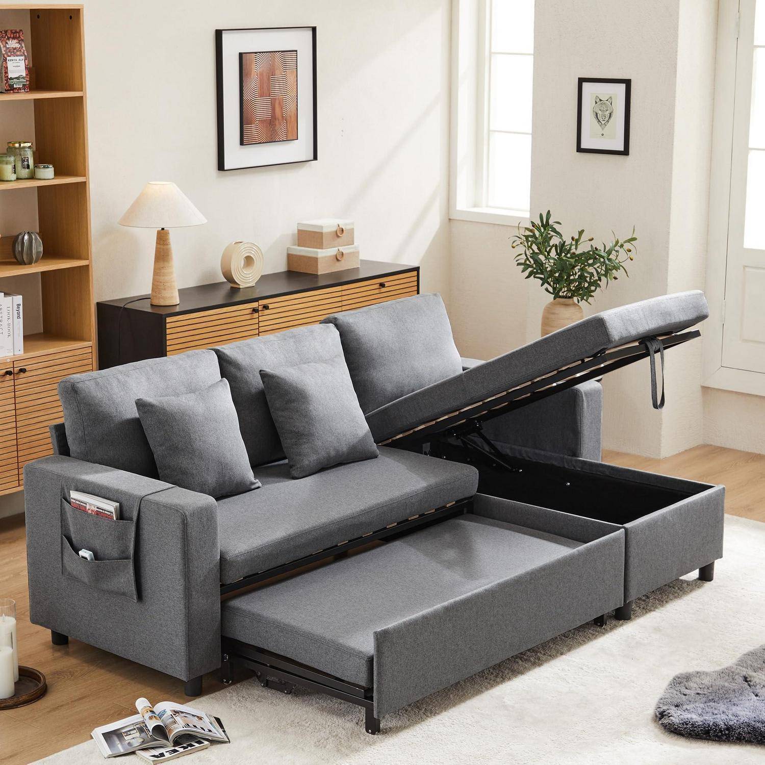 ZYLOYAL10 Schlafsofa mit Schlaffunktion, L-förmiges Sofa, Moderne Design-Polstermöbel, Sofa-Chaiselongue mit Stauraum, mit Taschenbecherhalter, Wohn