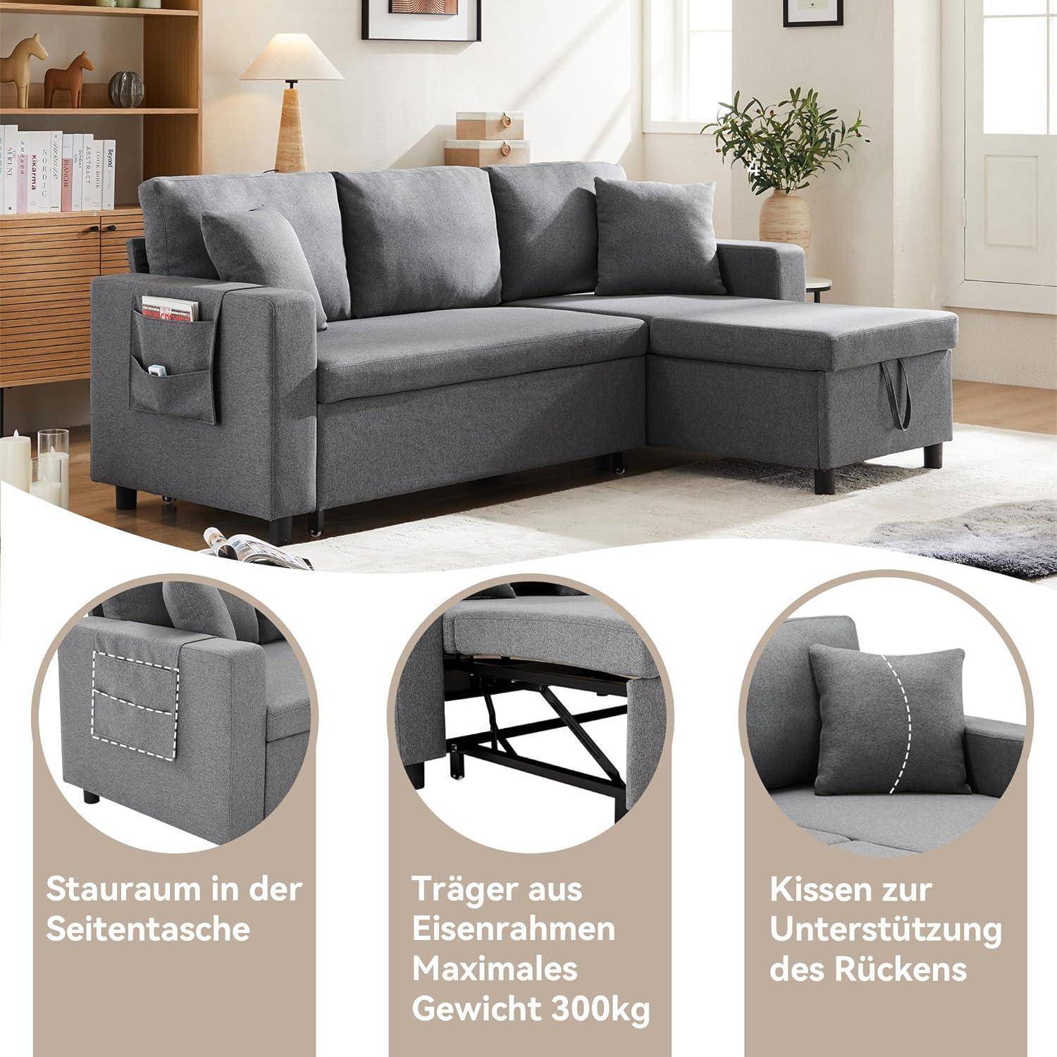 ZYLOYAL10 Schlafsofa mit Schlaffunktion, L-förmiges Sofa, Moderne Design-Polstermöbel, Sofa-Chaiselongue mit Stauraum, mit Taschenbecherhalter, Wohn