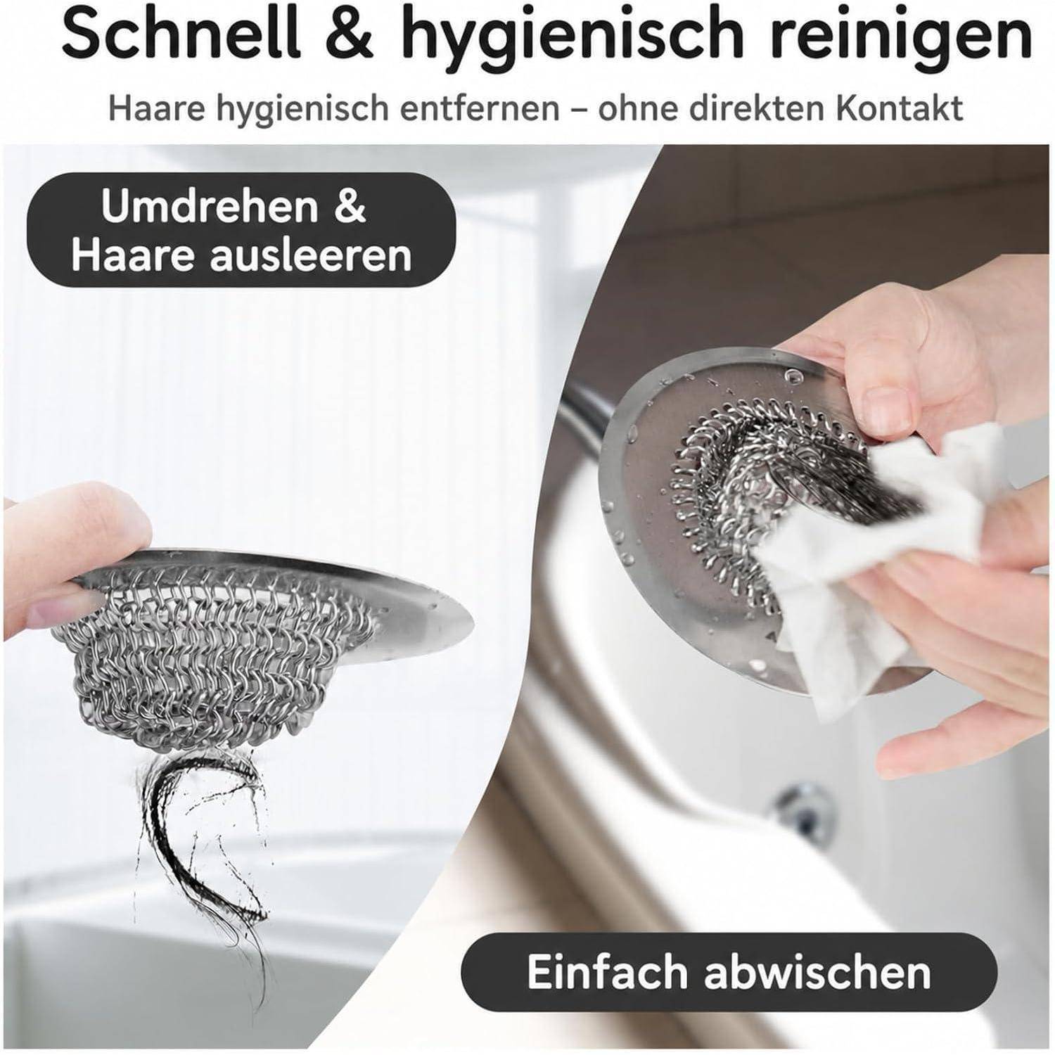 Infografik zum Reinigen des Haarfängers im Duschablauf: Umdrehen, um Haare zu entleeren, dann abwischen.