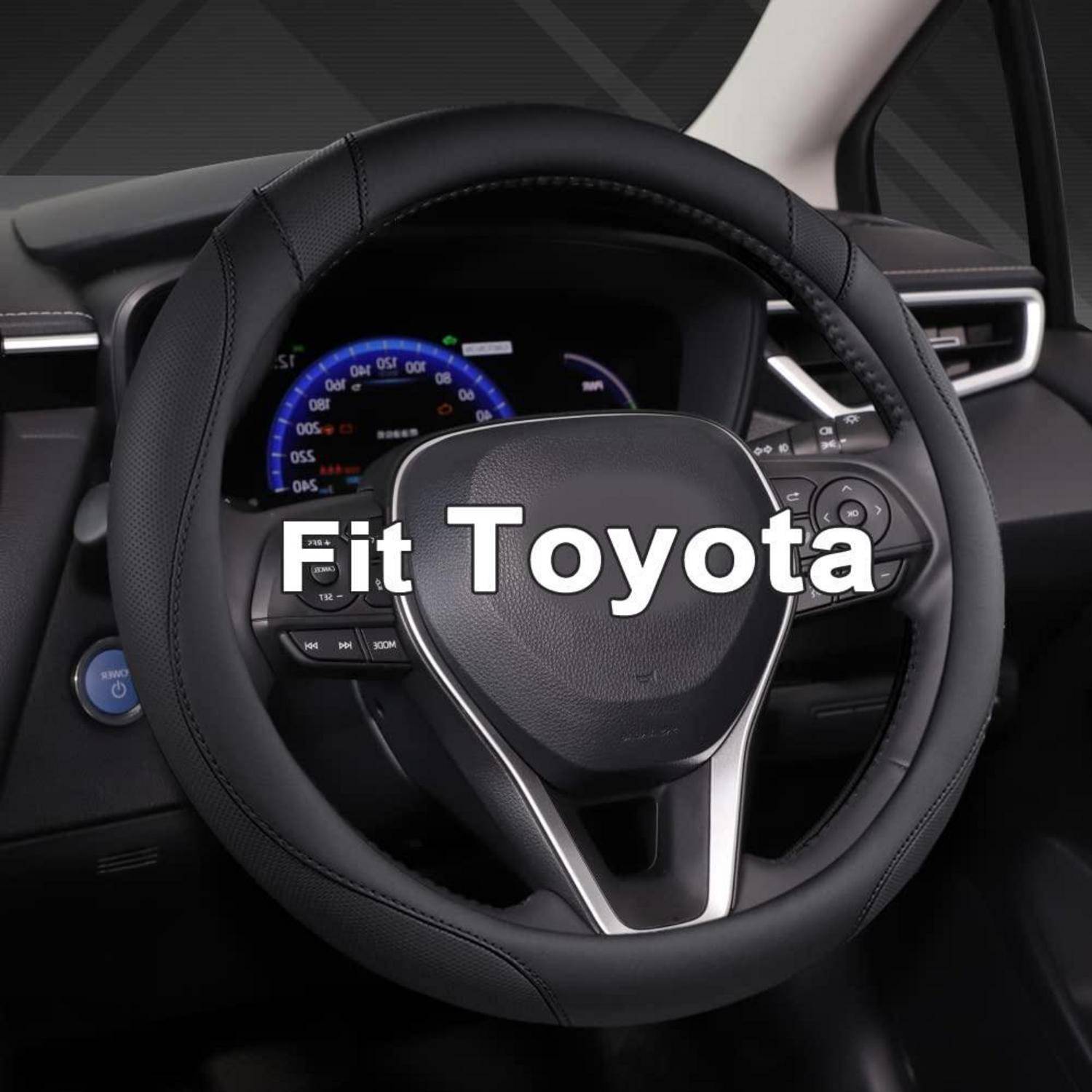 Toyota Autoinnenraum mit schwarzem Lenkrad und digitalem Instrumentencluster, überlagert mit zentriertem Text „Fit Toyota