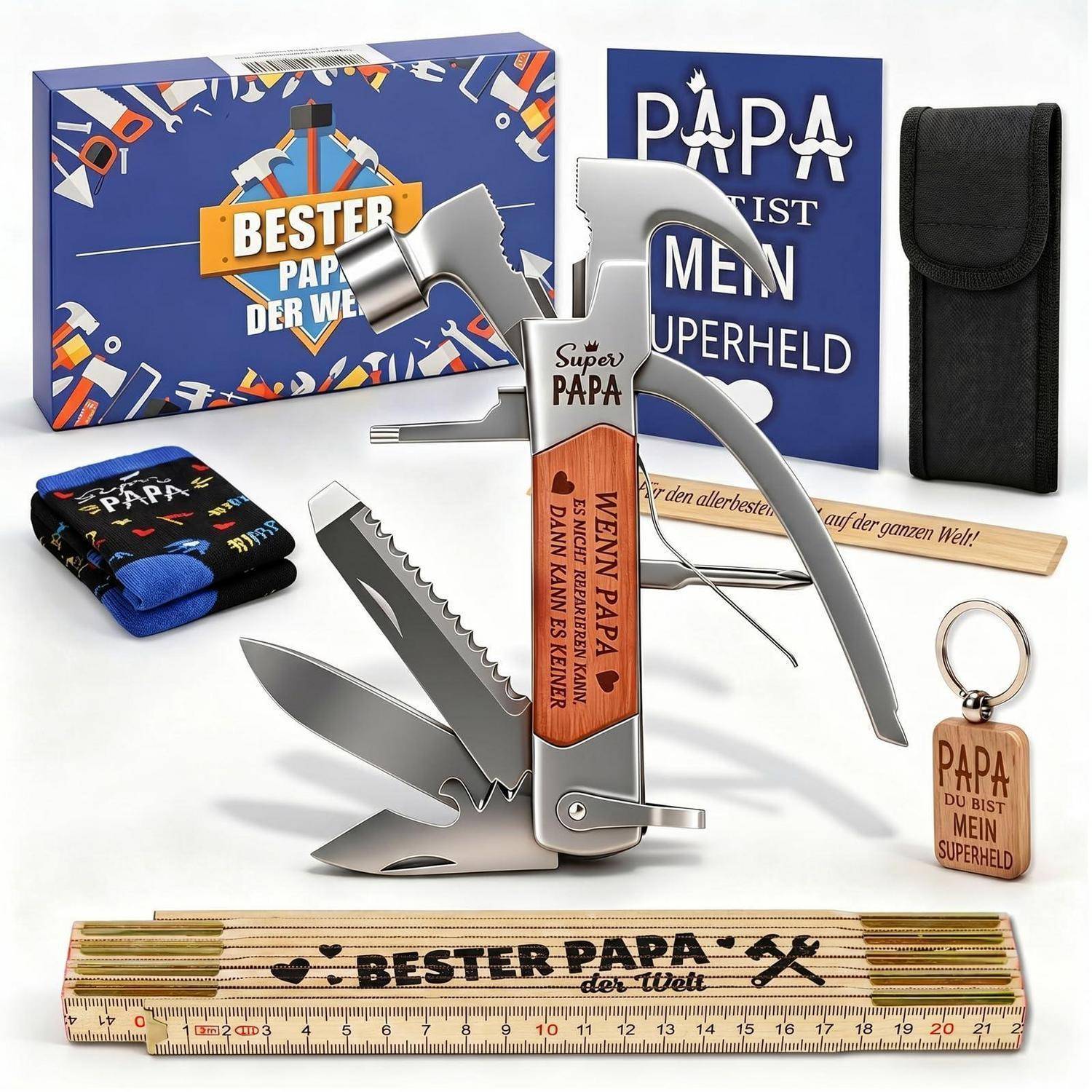 Geschenkset für Papa mit einem Schweizer Armeeformat-Multitool, Lineal, Schlüsselanhänger, Karte, Socken und Tasche, viele mit deutschen Beschriftungen wie „Papa