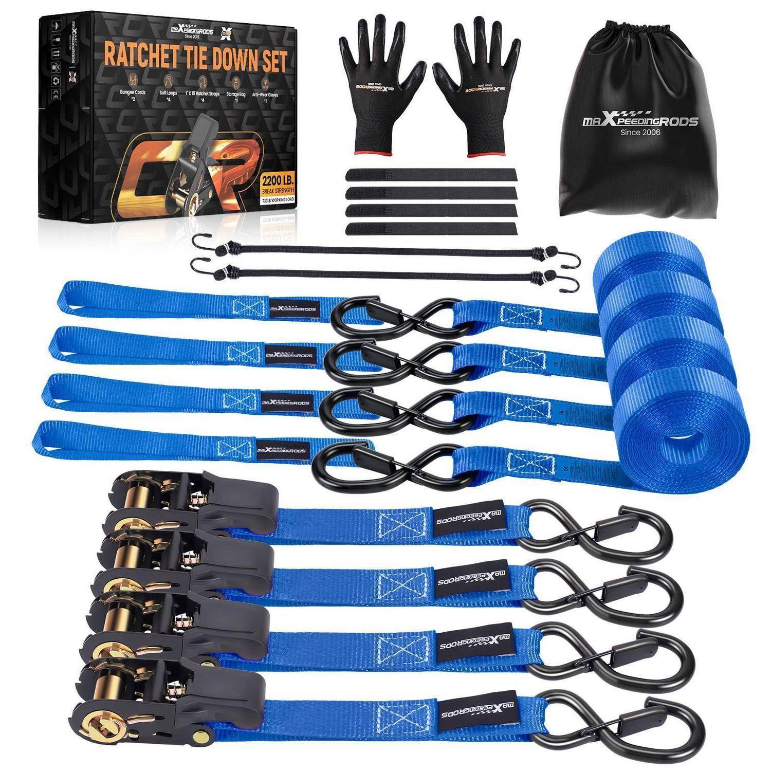 Ratschengurt-Set mit vier blauen Gurten, vier Ratschenschnallen, Haken, Handschuhen, rutschfesten Unterlagen, Spanngurten und Aufbewahrungstasche.