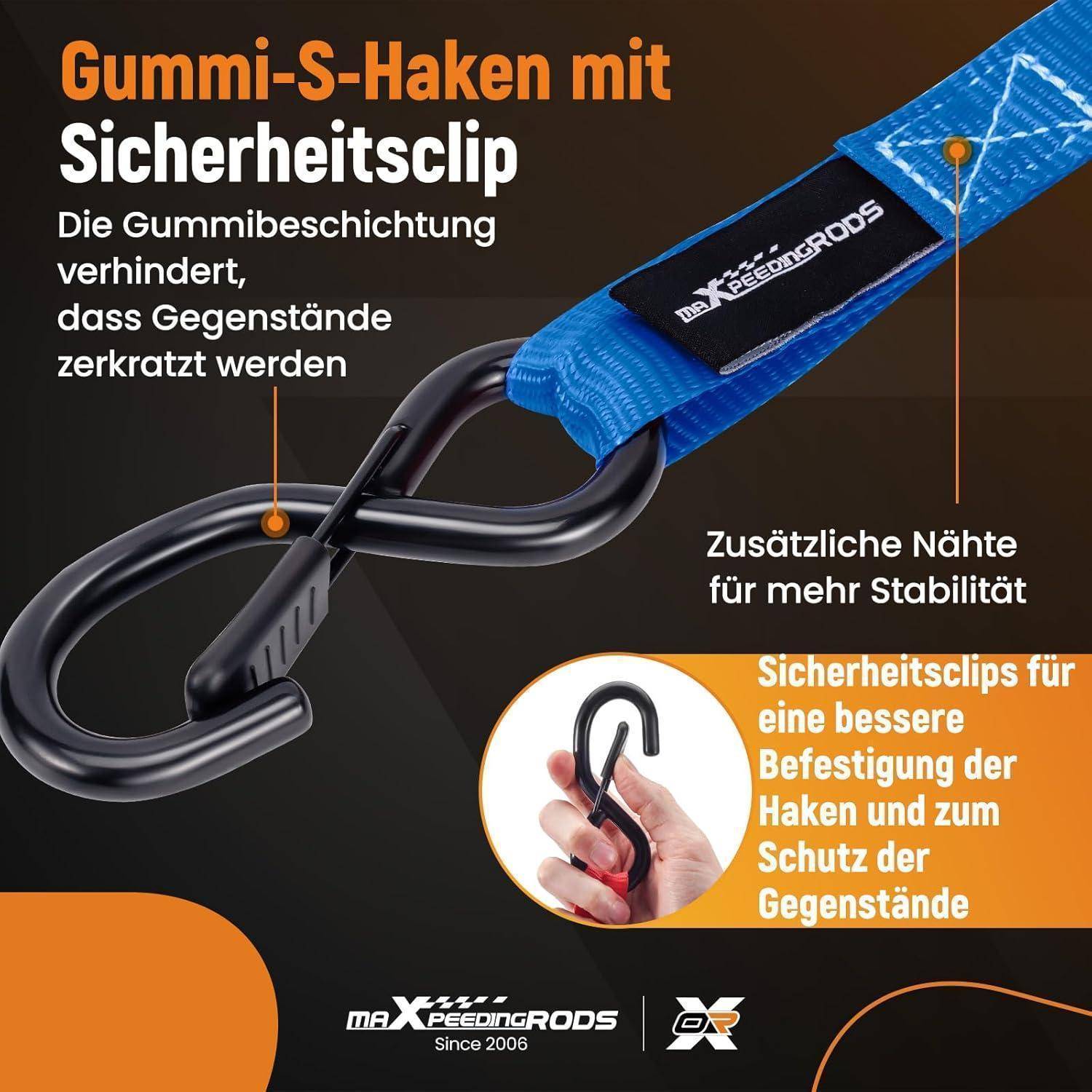 Deutsches Produktgrafik eines gummicoatierten S-Hakens mit Sicherheitsclip auf einem blauen Riemen, mit Hervorhebung von Kratzerresistenz, zusätzlicher Nahtfestigung und sicherer Befestigung.